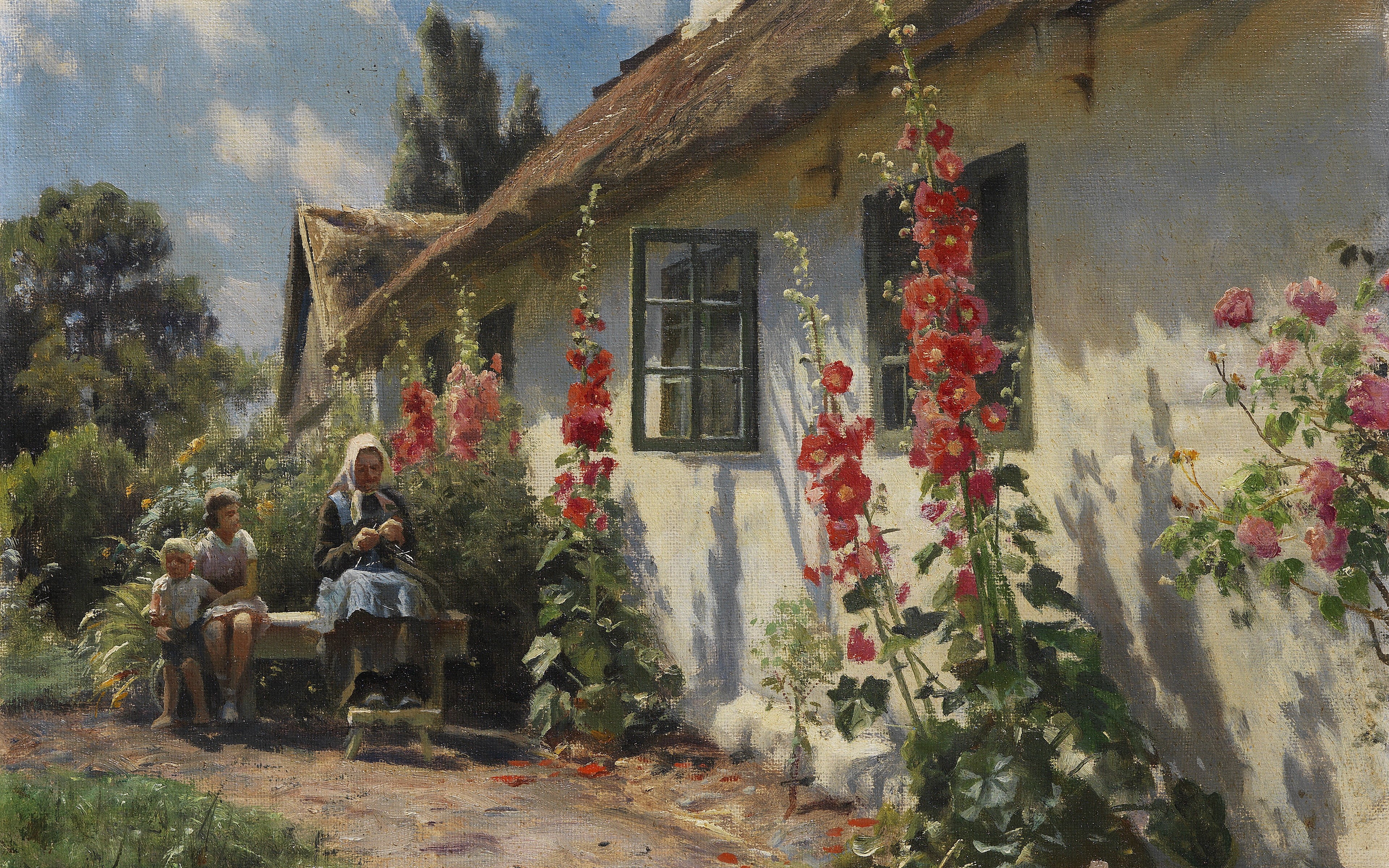 Danish painter, 4K, Peter Merk Of Menstad, 1934, Peder Mørk Mønsted, Summer day in Herfølge, Danish realist painter, Summer day in Herfolge, HD Wallpaper