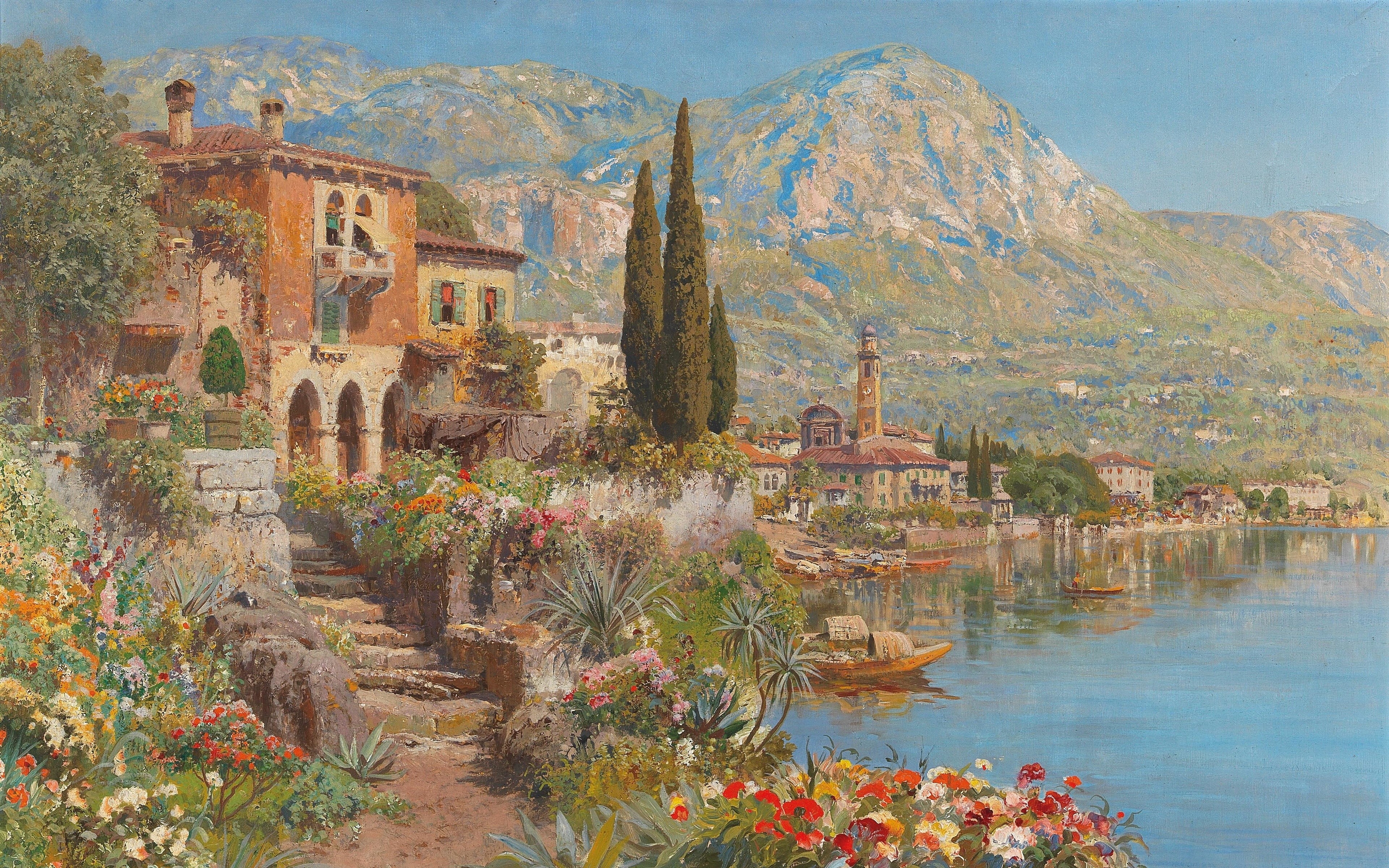 oil on canvas, Alois Arnegger, 4K, Austrian painter, View of Riva on Lake Garda, HD Wallpaper
