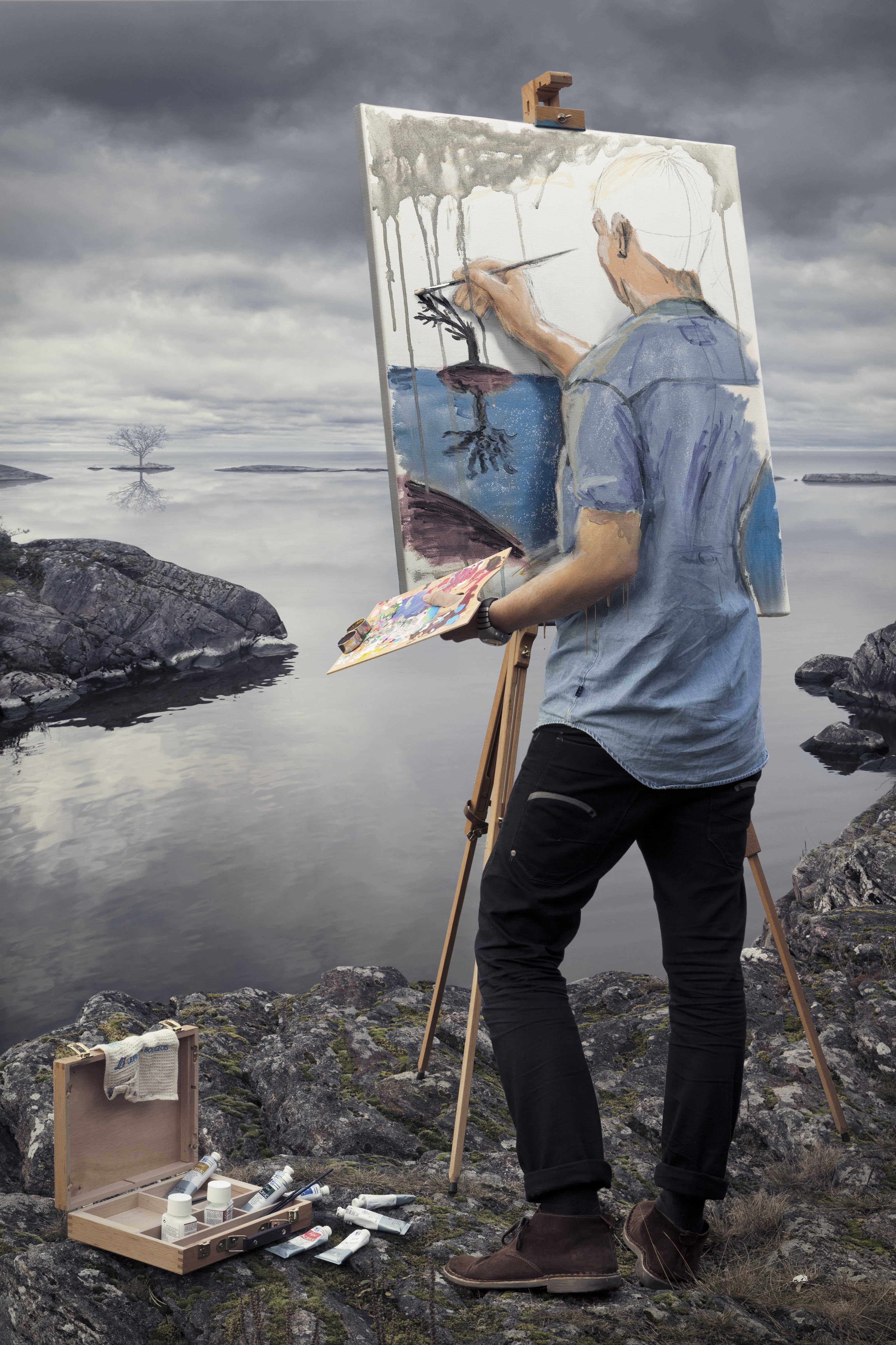 nature, men, paint splatter, painters, surreal, 4K, optical illusion, stones, landscape, clouds, boxes, painting, portrait display, rock, lake, trees, Phone HD Wallpaper