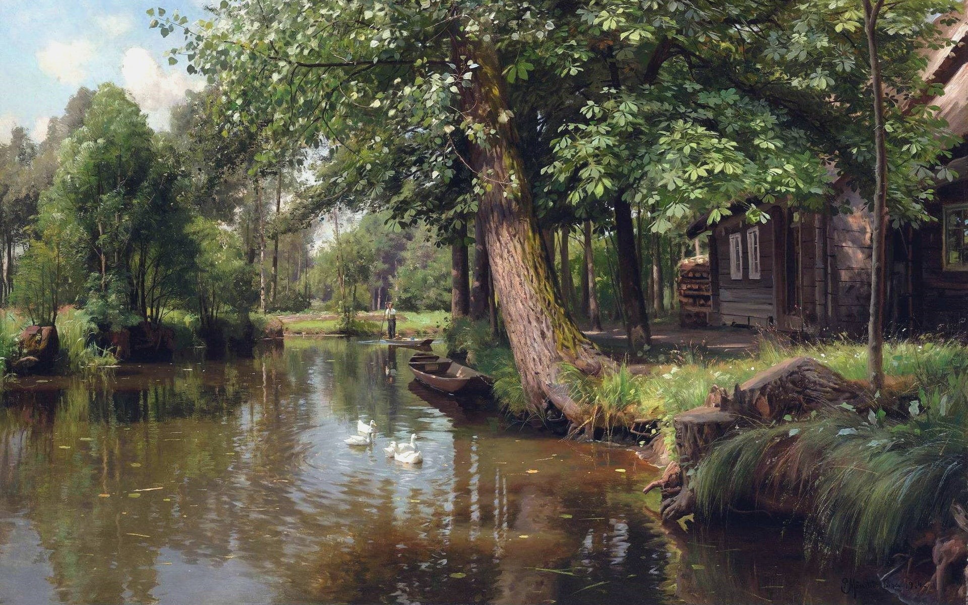 Danish realist painter, Peter Merk Of Menstad, 1080P, Punting on the river, Danish painter, Floating down the river, 1914, Peder Mørk Mønsted, HD Wallpaper