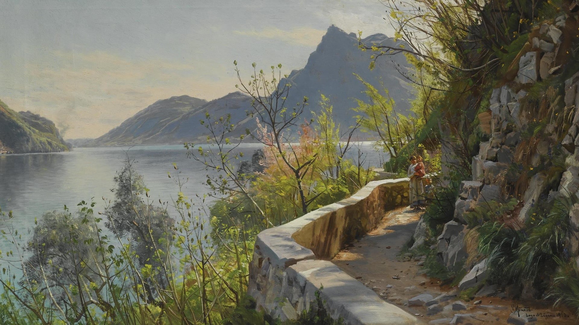 sky, day, water, mountain range, tree, scenics - nature, Lake Lugano, Danish realist painter, land, mountain, plant, nature, 1080P, outdoors, grass, beauty in nature, HD Wallpaper