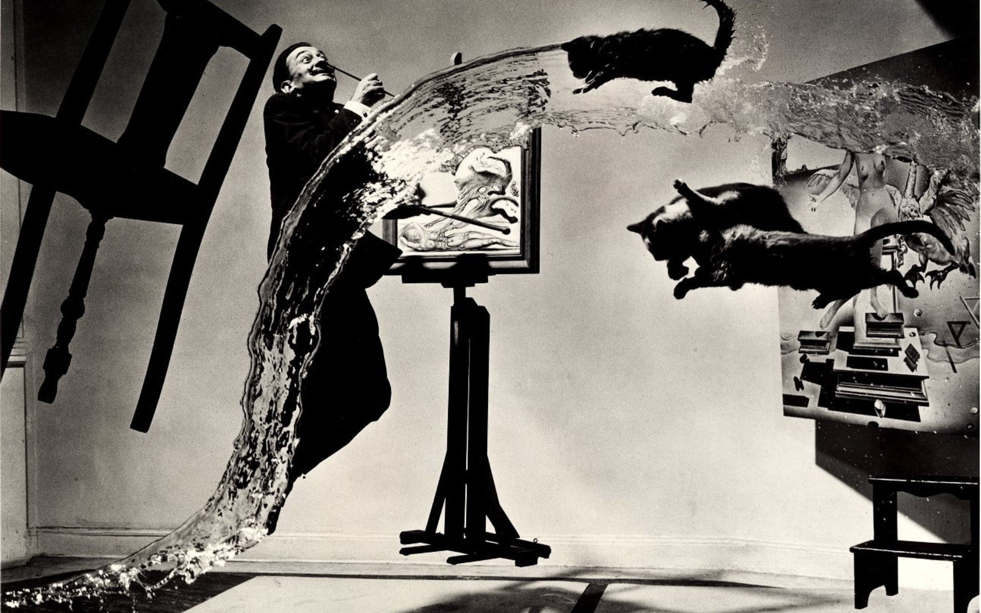 painters, floating, Salvador Dalí, 1080P, cat, monochrome, chair, water, HD Wallpaper