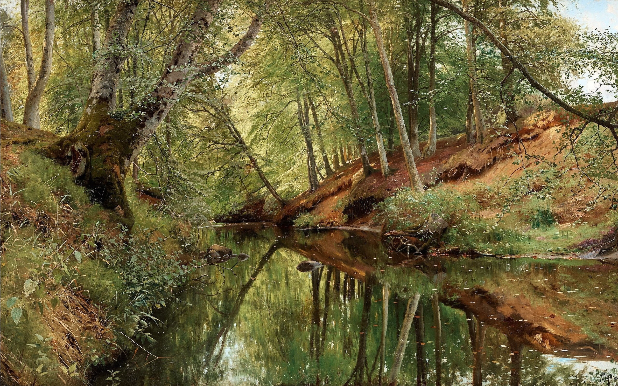 2K, Peder Mørk Mønsted, Danish realist painter, Danish painter, The river in Saeby skov, Peter Merk Of Menstad, River in the forest Saeby, 1896, HD Wallpaper