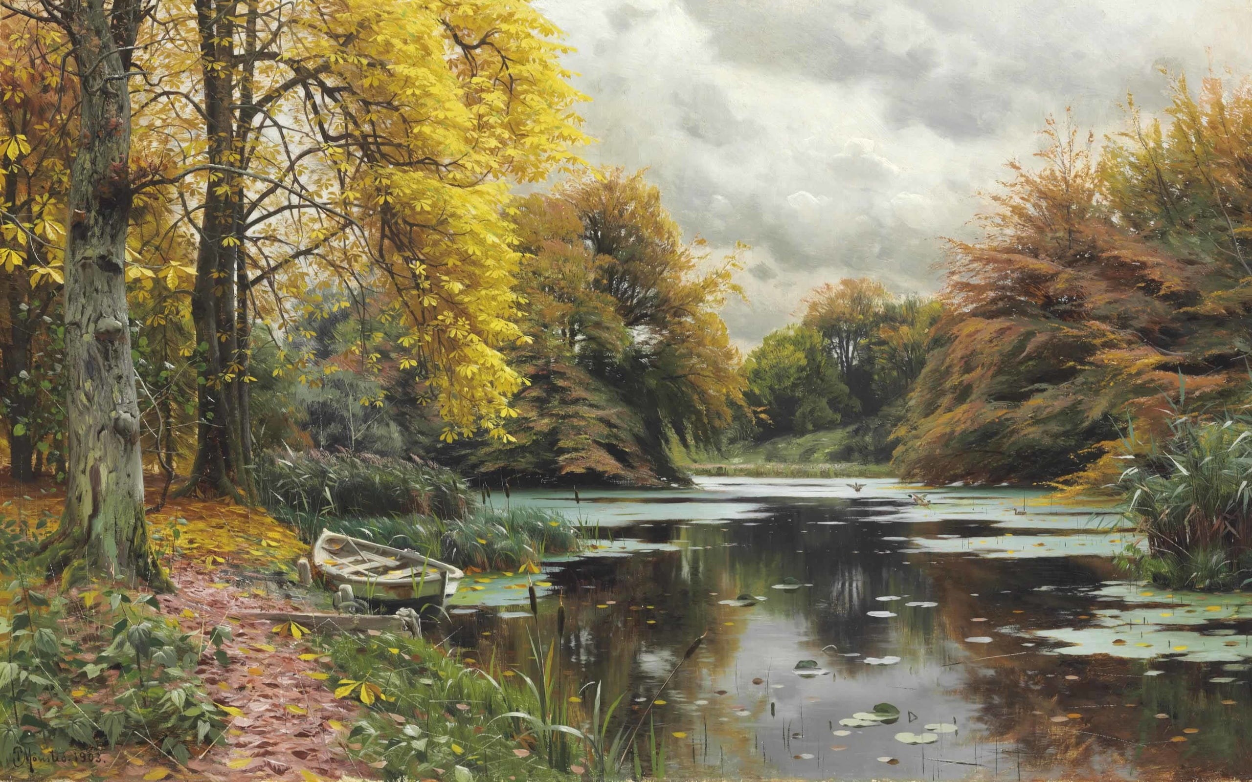 1903, Danish painter, Peder Mørk Mønsted, River Landscape, Peter Merk Of Menstad, 2K, Danish realist painter, HD Wallpaper