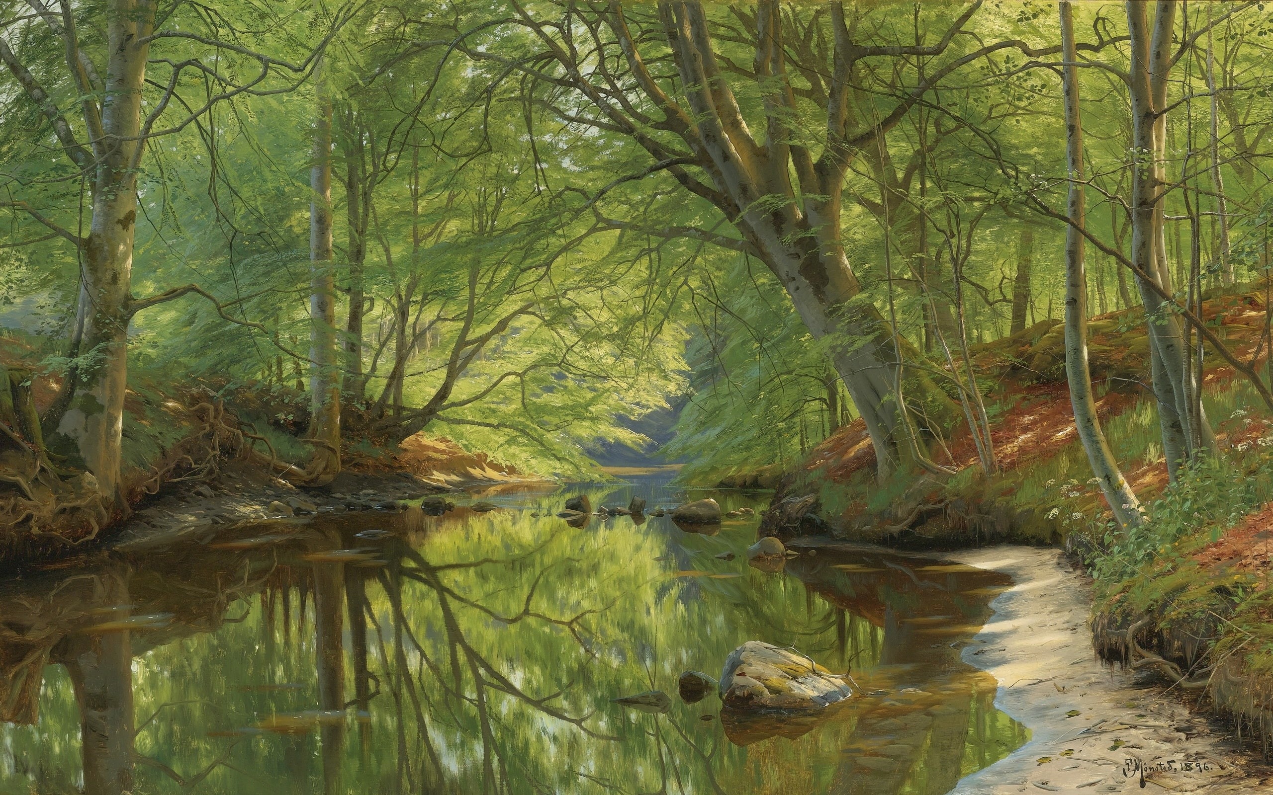2K, Forest stream, Danish painter, 1896, Peder Mørk Mønsted, Peter Merk Of Menstad, Danish realist painter, HD Wallpaper