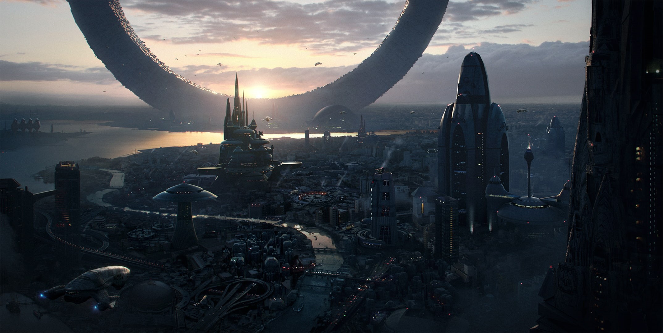 sci-fi, megapolis, fiction, 1080P, ring, landscape, the sky, the city, future, sunset, skyscrapers, HD Wallpaper