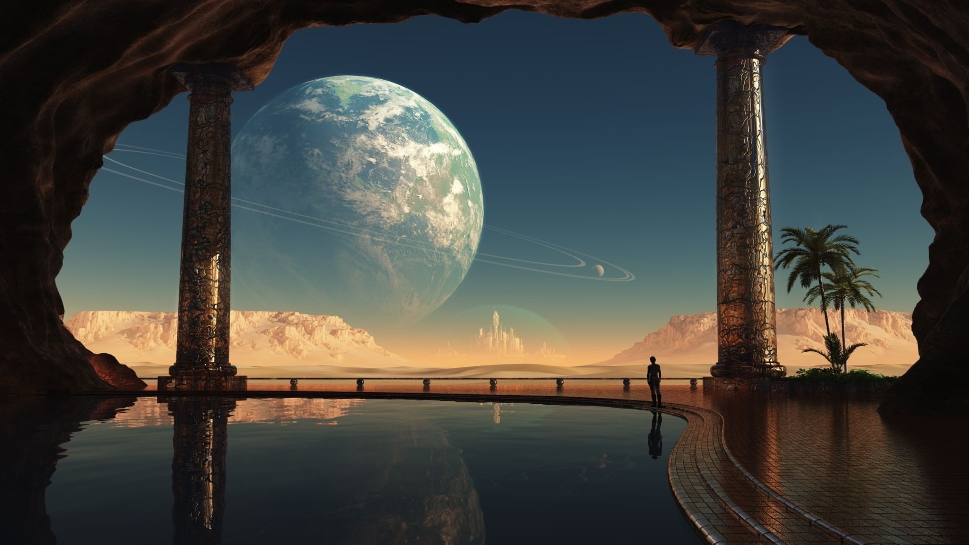 reflection, 1080P, Fiction, ring, people, planet, view, the city, cave, the dome, pool, mountains, HD Wallpaper