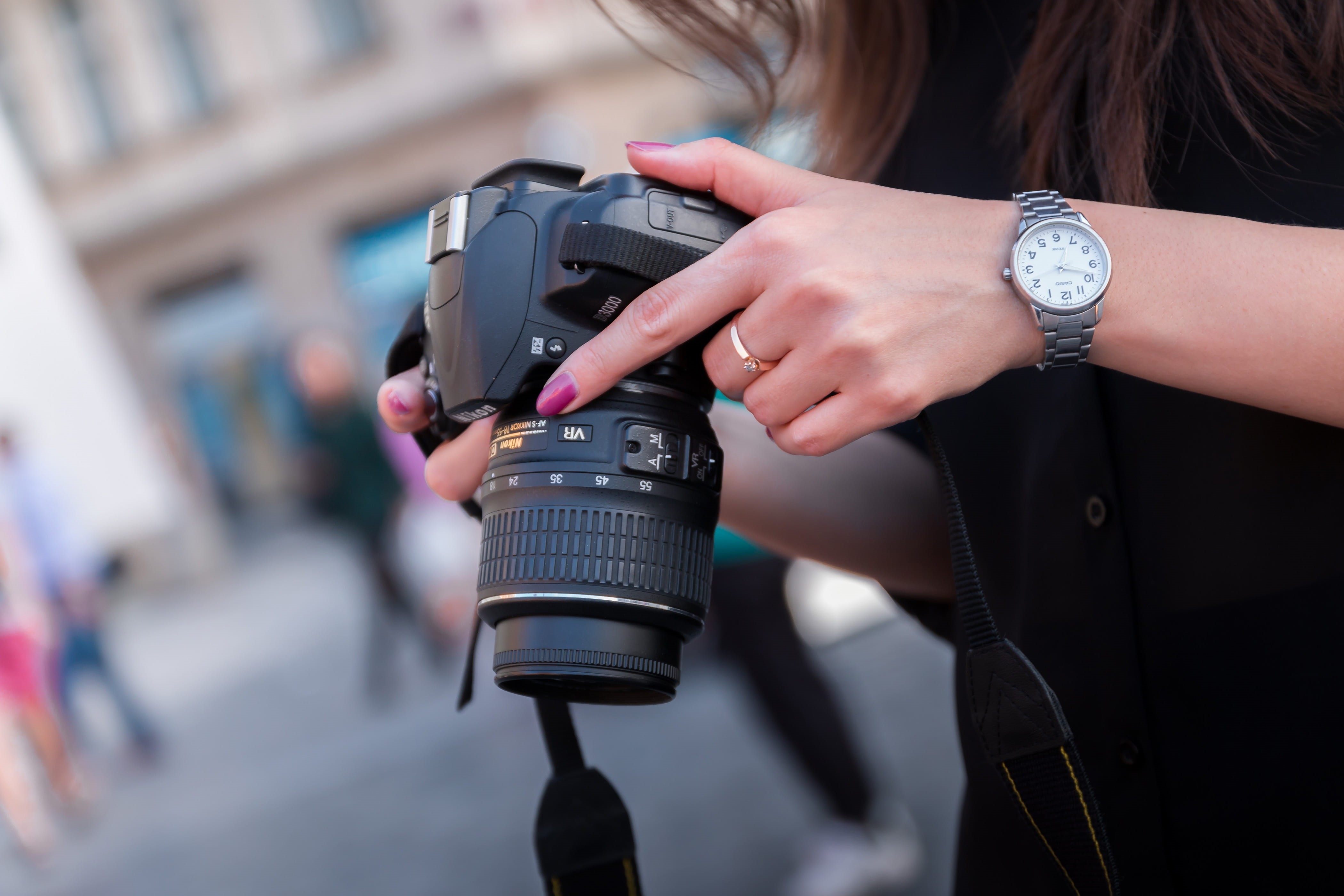 black, women, model, street, photographic equipment, photographing, city, fashion, human body part, photographer, watch, girl, 4K, dslr, lens, technology, HD Wallpaper