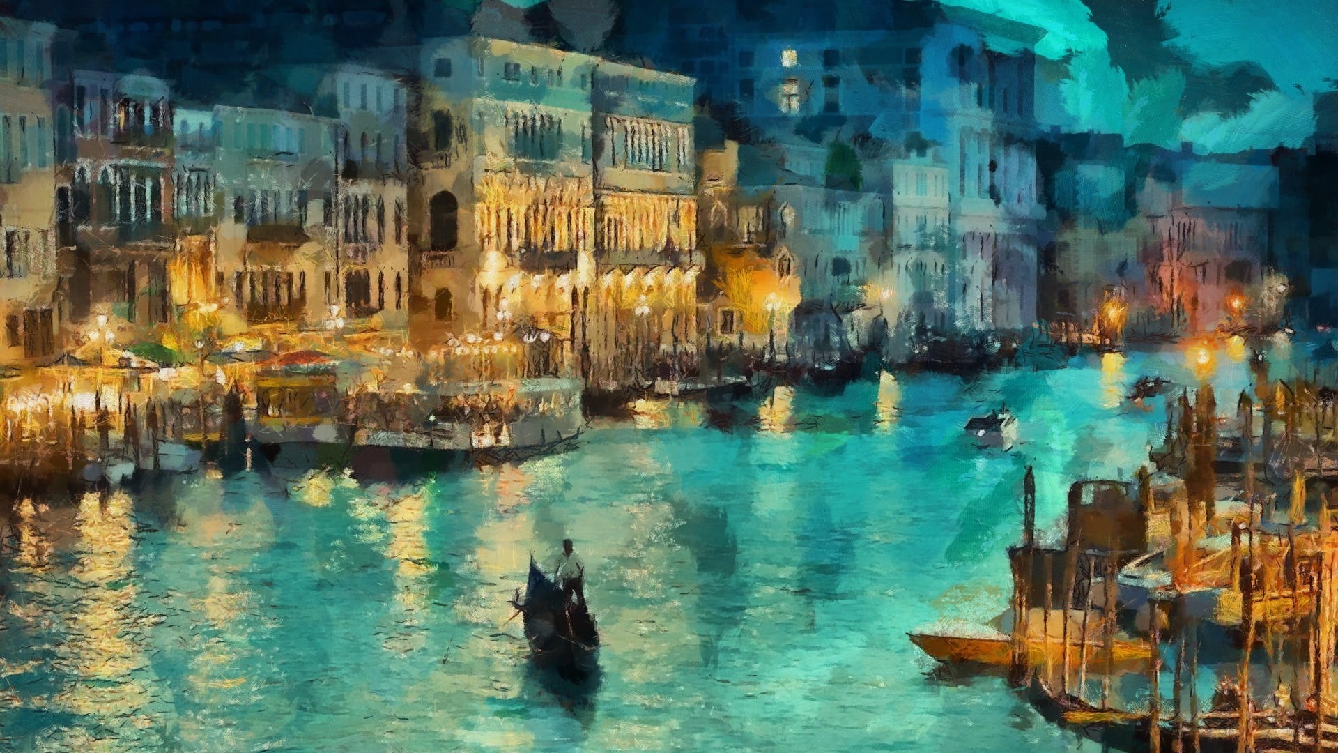 city, canal, people, architecture, 1080P, nature, sea, real people, building exterior, water, waterfront, men, Venice, Italy, building, painting, night, HD Wallpaper