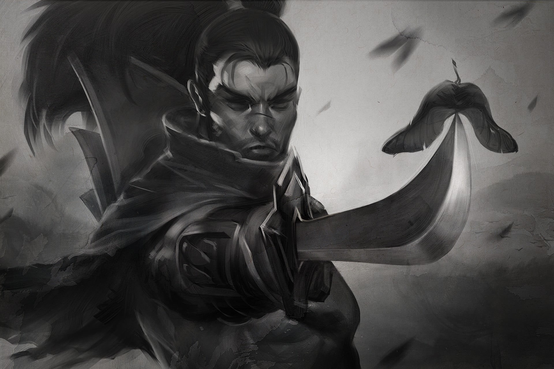 statue, monochrome, legends, female likeness, art and craft, Yasuo (League of Legends), katana, league, digital, craft, no people, digital composite, indoors, HD Wallpaper
