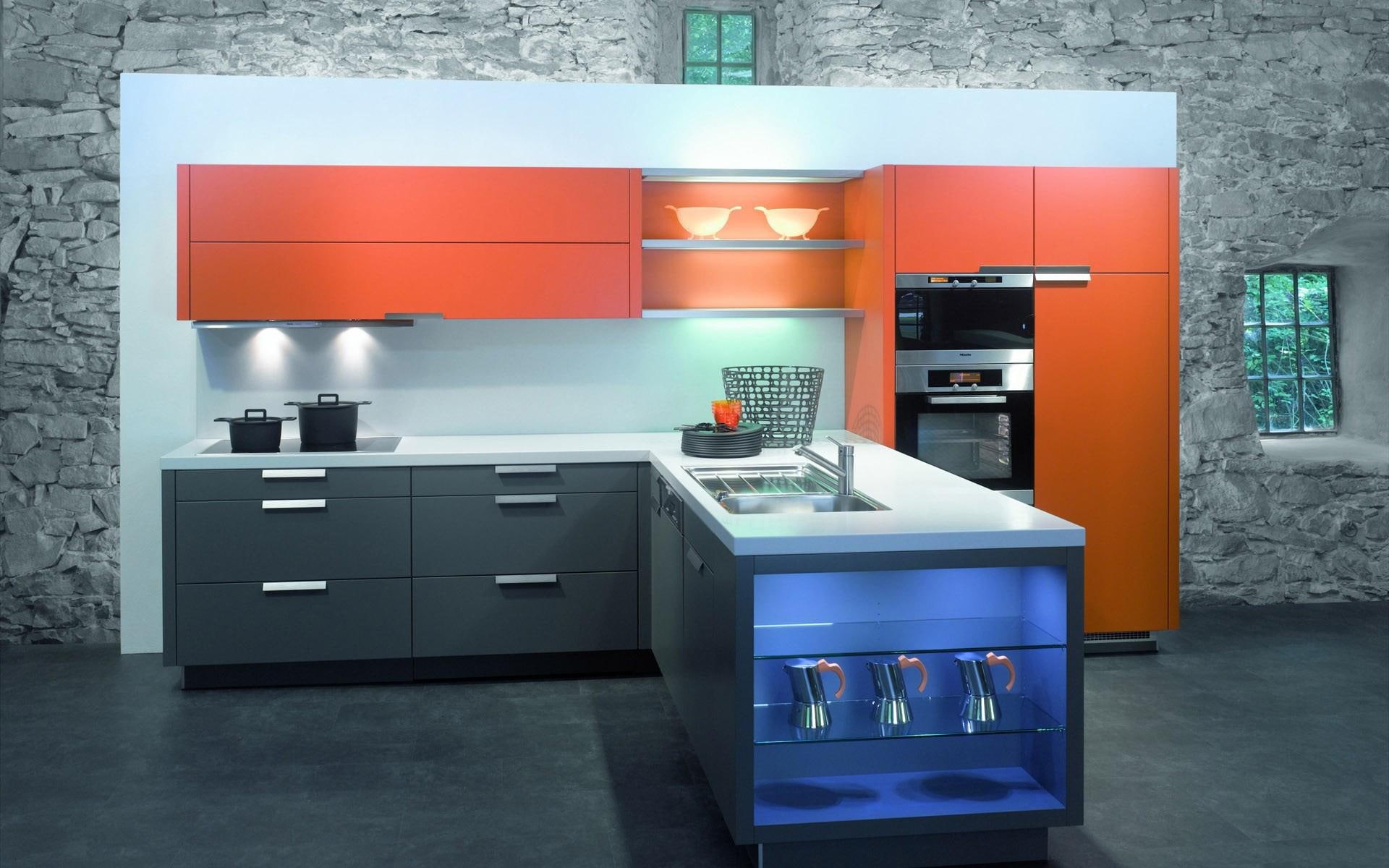 stove, 1080P, blue, gray, kitchen, aisle, 1920x1200, furniture, interior design, white, photography, orange, HD Wallpaper