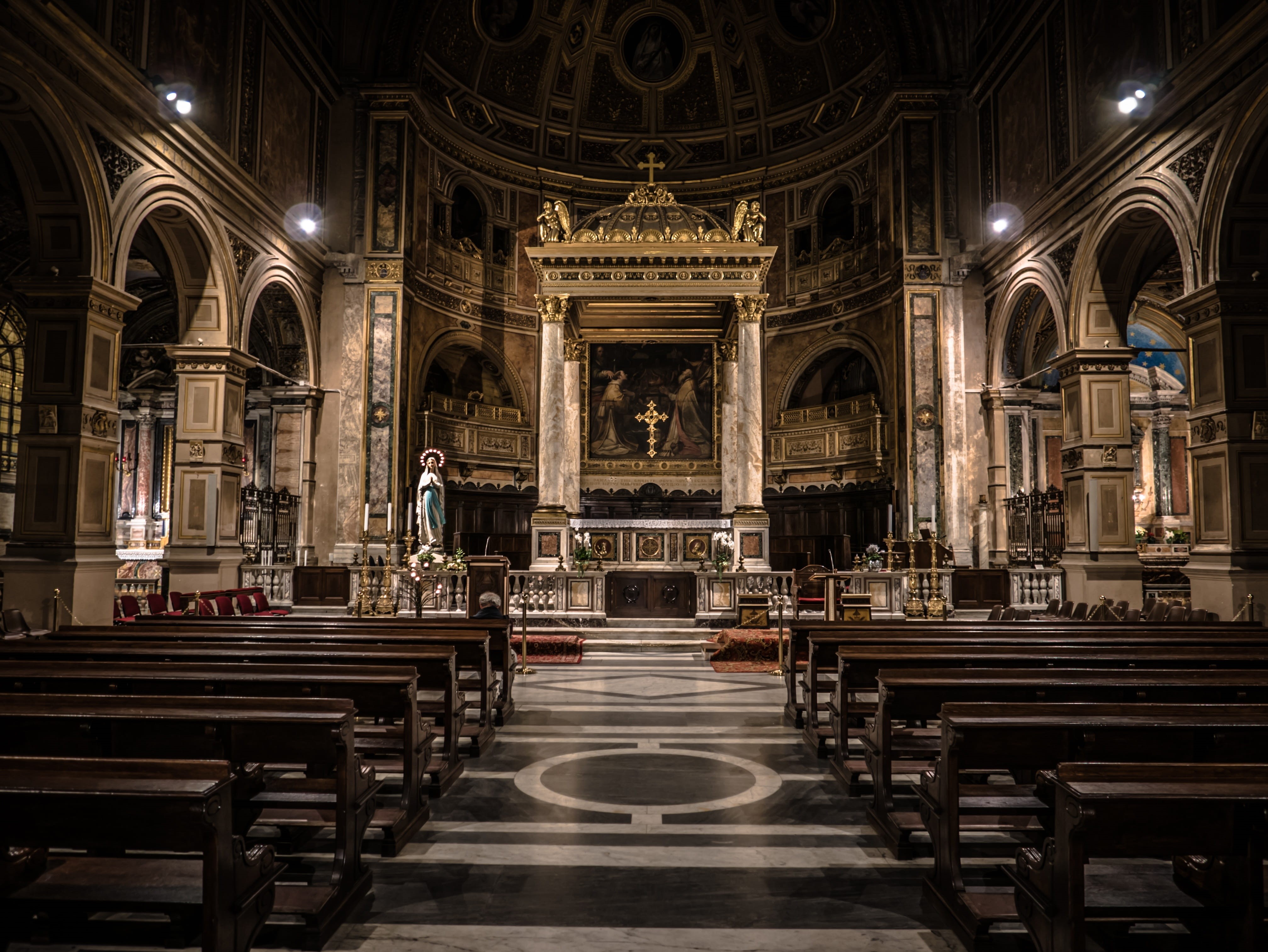 building, god, ornate, bench, church, christianity, belief, religion, pew, 4K, arch, jesus, religious, built structure, catholicism, spirituality, cross, HD Wallpaper