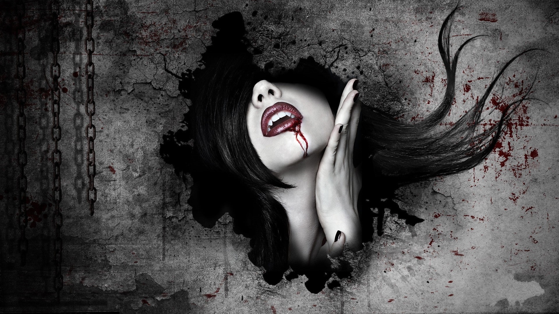 face, gothic, art, fantasy, nature, 1080P, 1920x1080 px, horror, px, women, vampires, hd, trees, blood, x, dark, HD Wallpaper