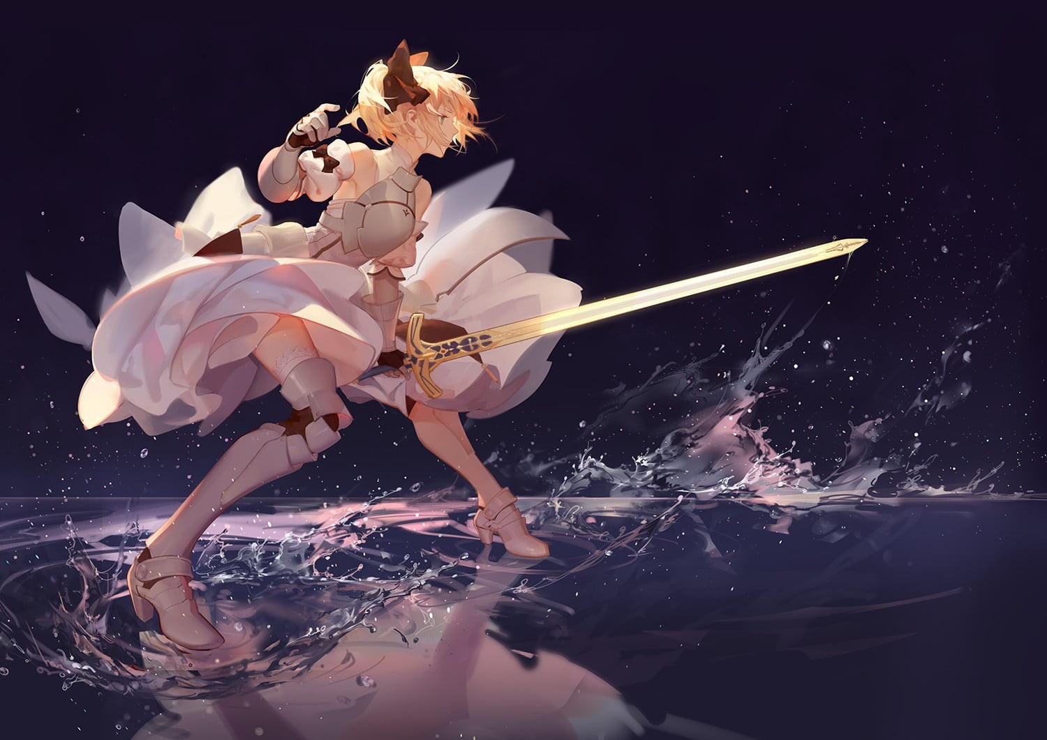 outdoors, gauntlets, Fate Series, swimming pool, thigh-highs, Fate/Unlimited Codes, water, anime, leisure activity, digital composite, ribbon, sword, dress, HD Wallpaper