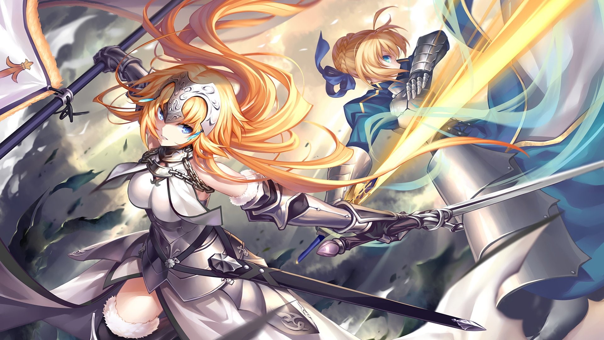 computer Graphic, night, backdrop, Sword, decoration, swirl, Fate/Grand Order, colors, Saber Lily, Fate Series, illustration, pattern, Weapon, Blue Eyes, HD Wallpaper