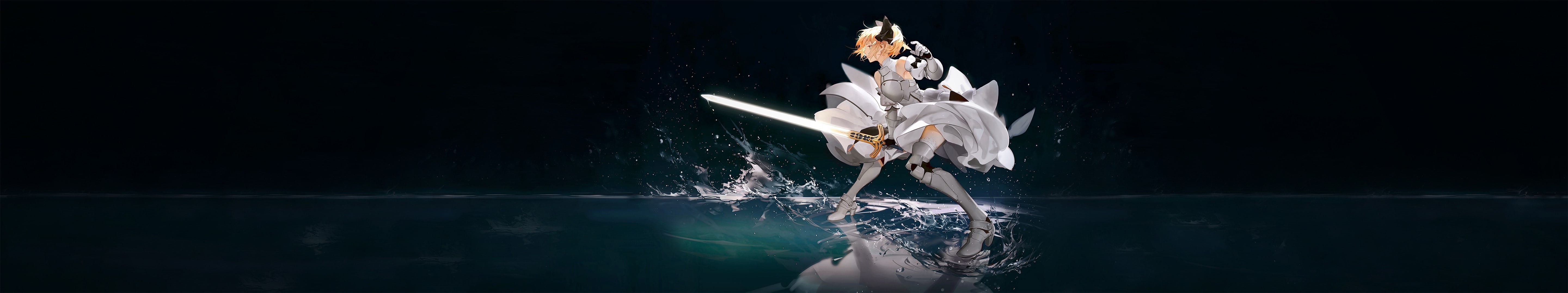 one animal, strength, nature, full length, water, fate series anime girls blonde saber lily women with swords triple screen, motion, studio shot, young adult, HD Wallpaper