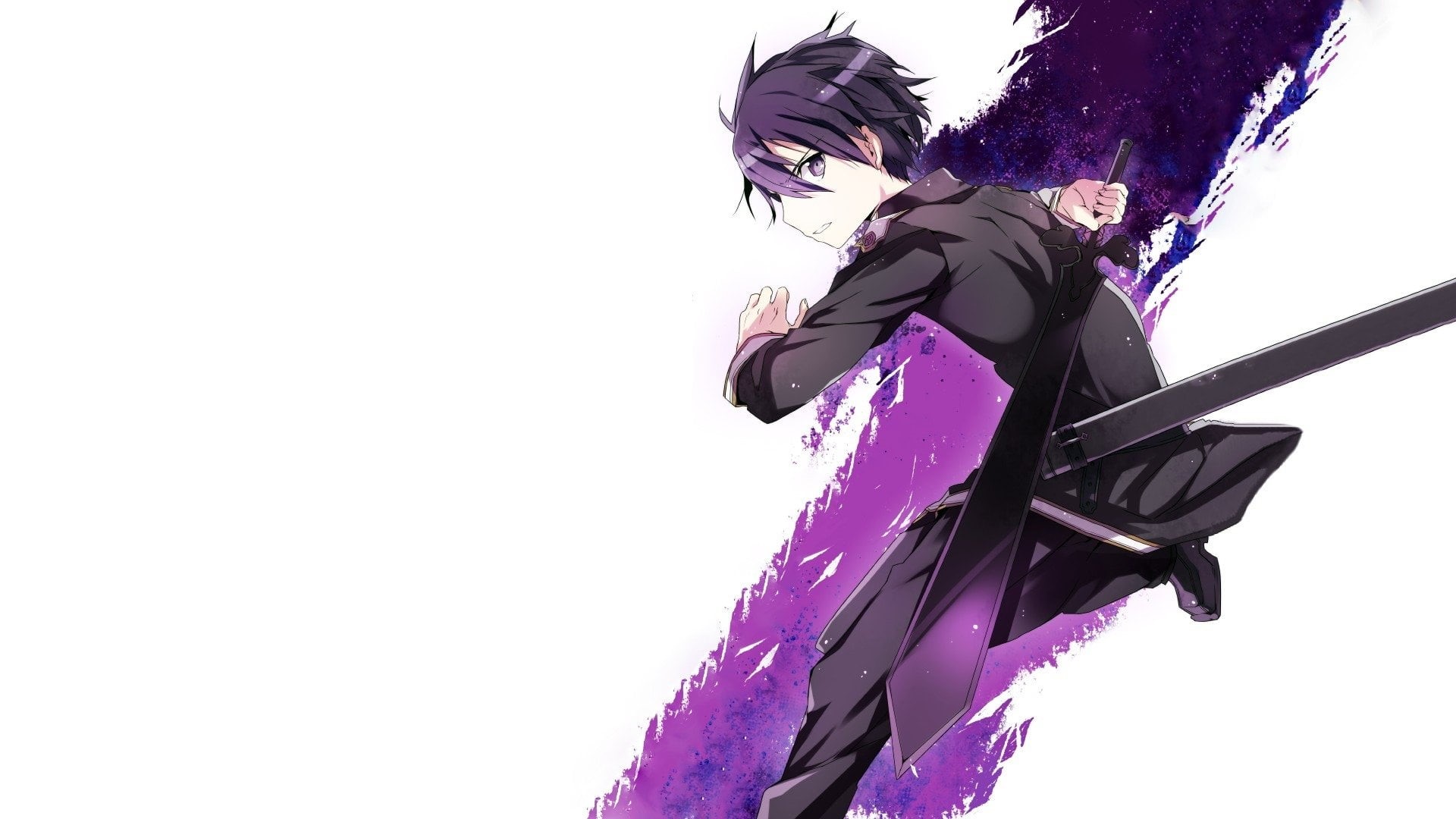 sword, cold temperature, winter, plant, white background, flower, clear sky, Sword Art Online, nature, 1080P, one person, kirito, purple, warm clothing, HD Wallpaper