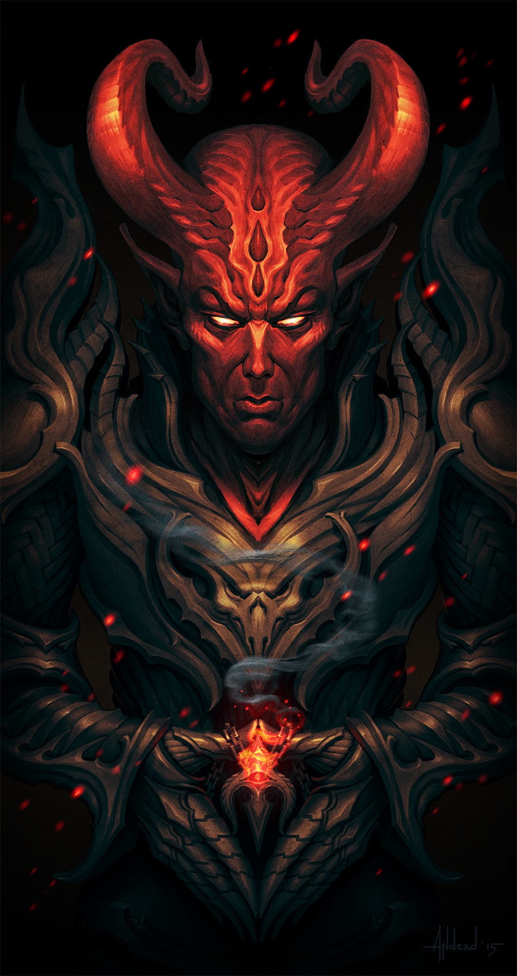 Devil, demon, dark, sparks, drawing, Andrey Maximov, armor, 1080P, Phone HD Wallpaper