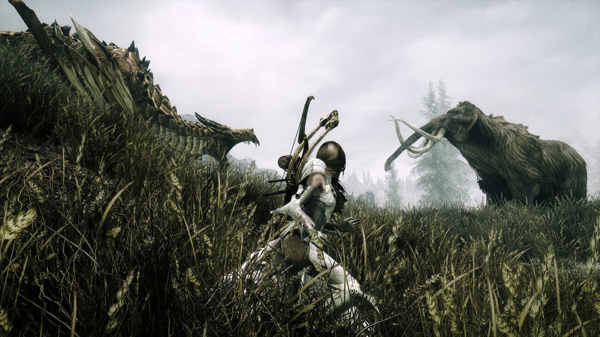 statue, Dovakhiin, land, plant, 1080P, digital, mammoths, dragon, female, grass, day, low angle view, nature, representation, working, government, HD Wallpaper