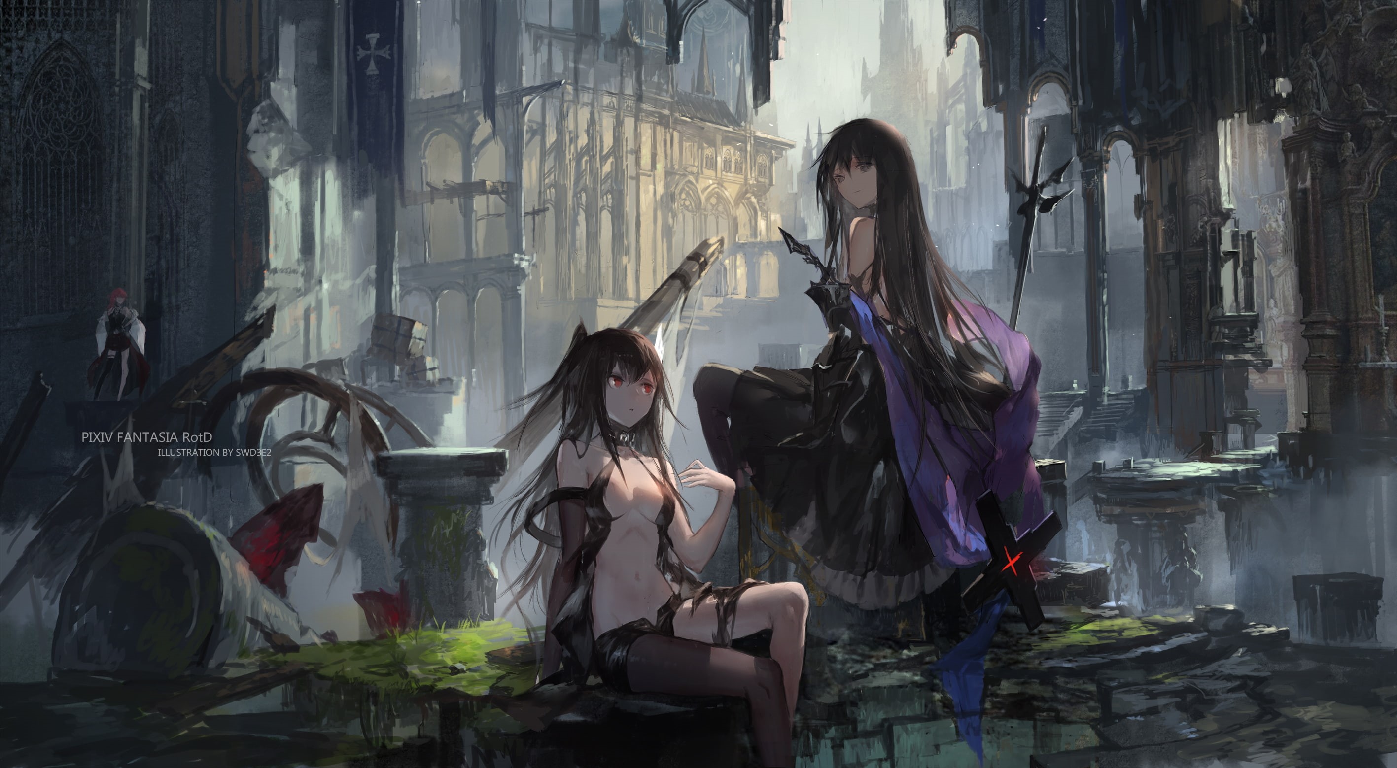 swd3e2, sitting, window, anime girls, hairstyle, three quarter length, sideboob, indoors, young women, building, hair, leisure activity, built structure, HD Wallpaper