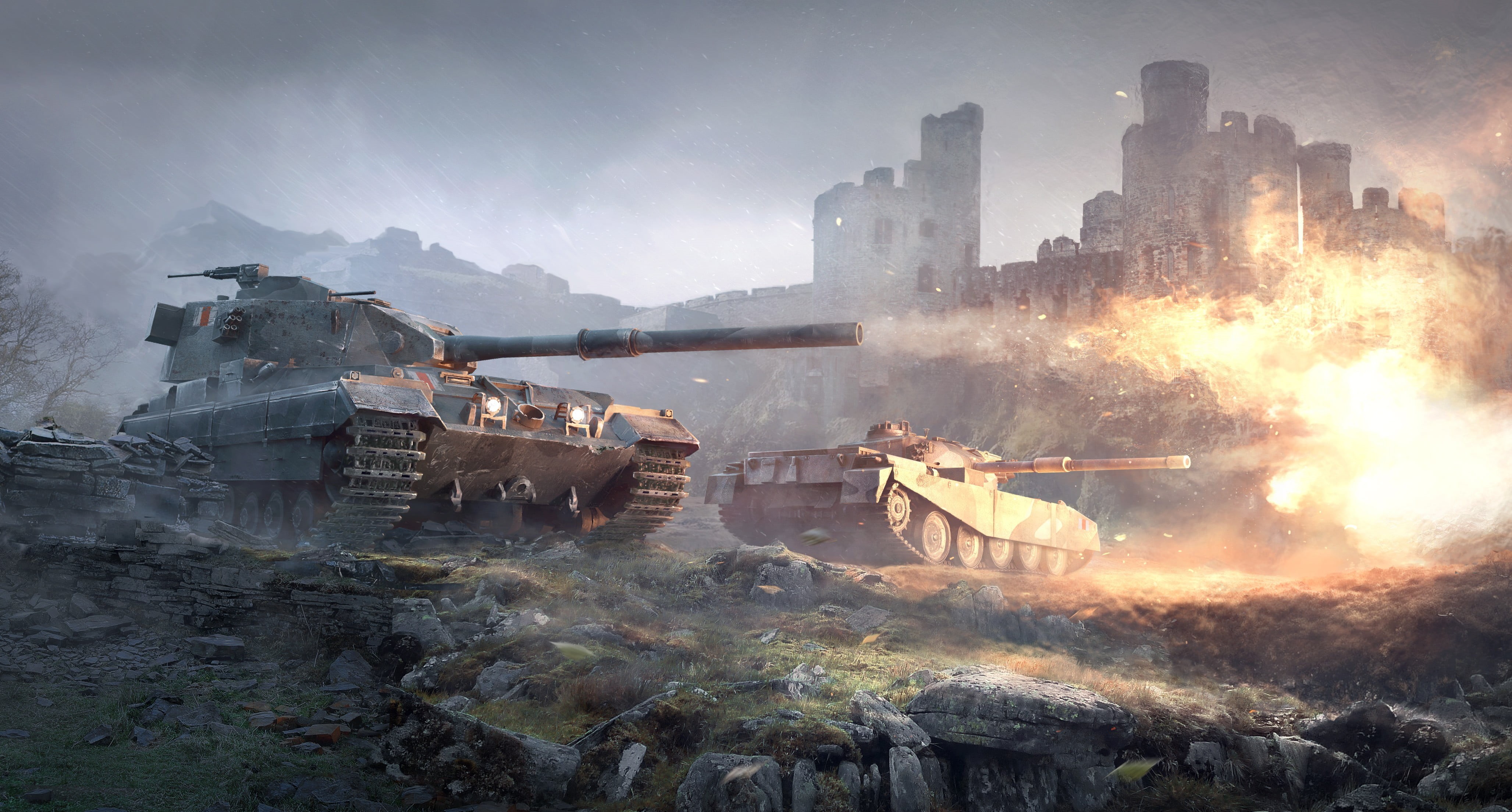 tank, accidents and disasters, smoke - physical structure, painting, two, sign, FV4202, demolished, FV215b, warning sign, built structure, pollution, destruction, HD Wallpaper
