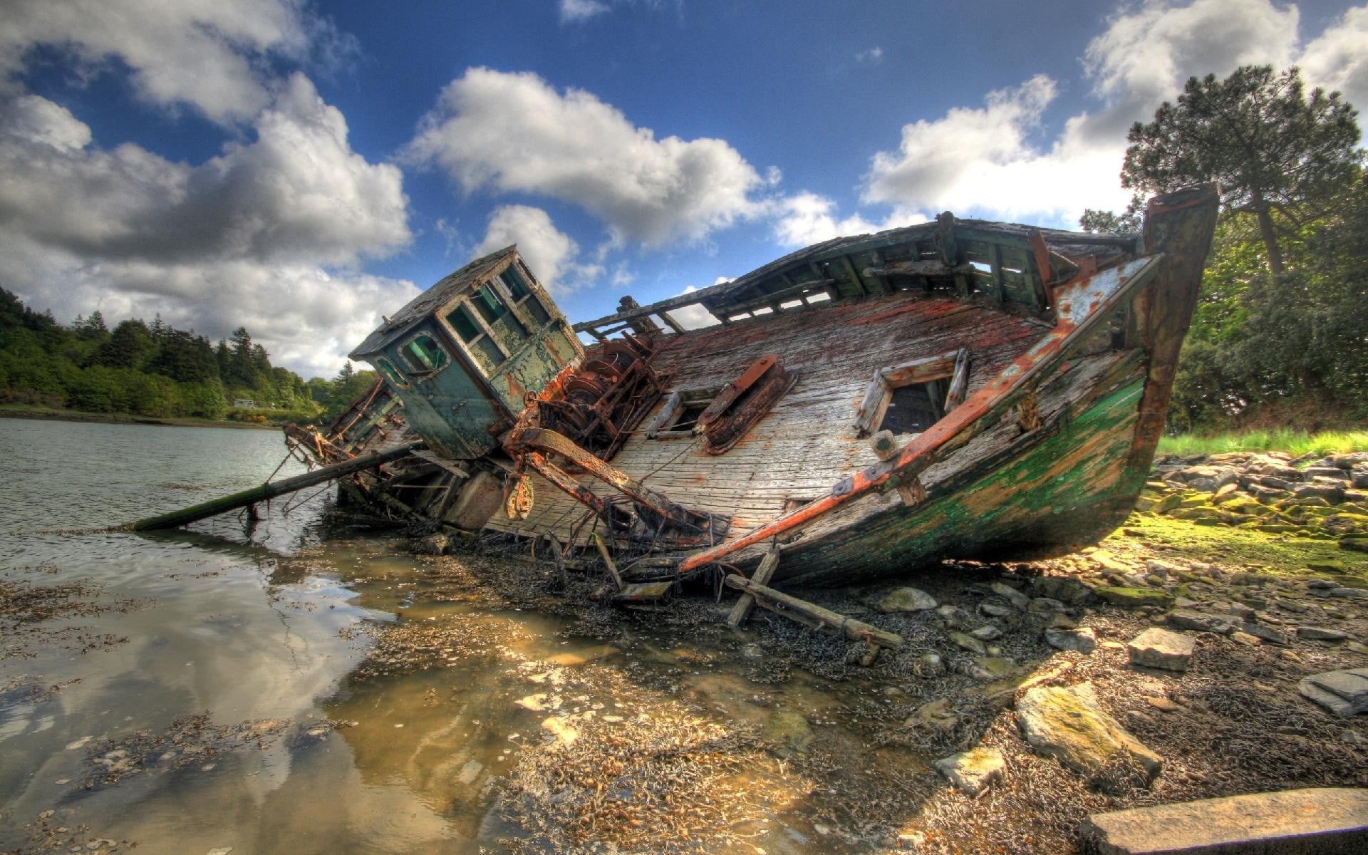 scenics, nautical Vessel, rusted, land, shipwreck, broken, old, summer, green, decline, brown, travel, deterioration, run-down, obsolete, outdoors, sea, HD Wallpaper