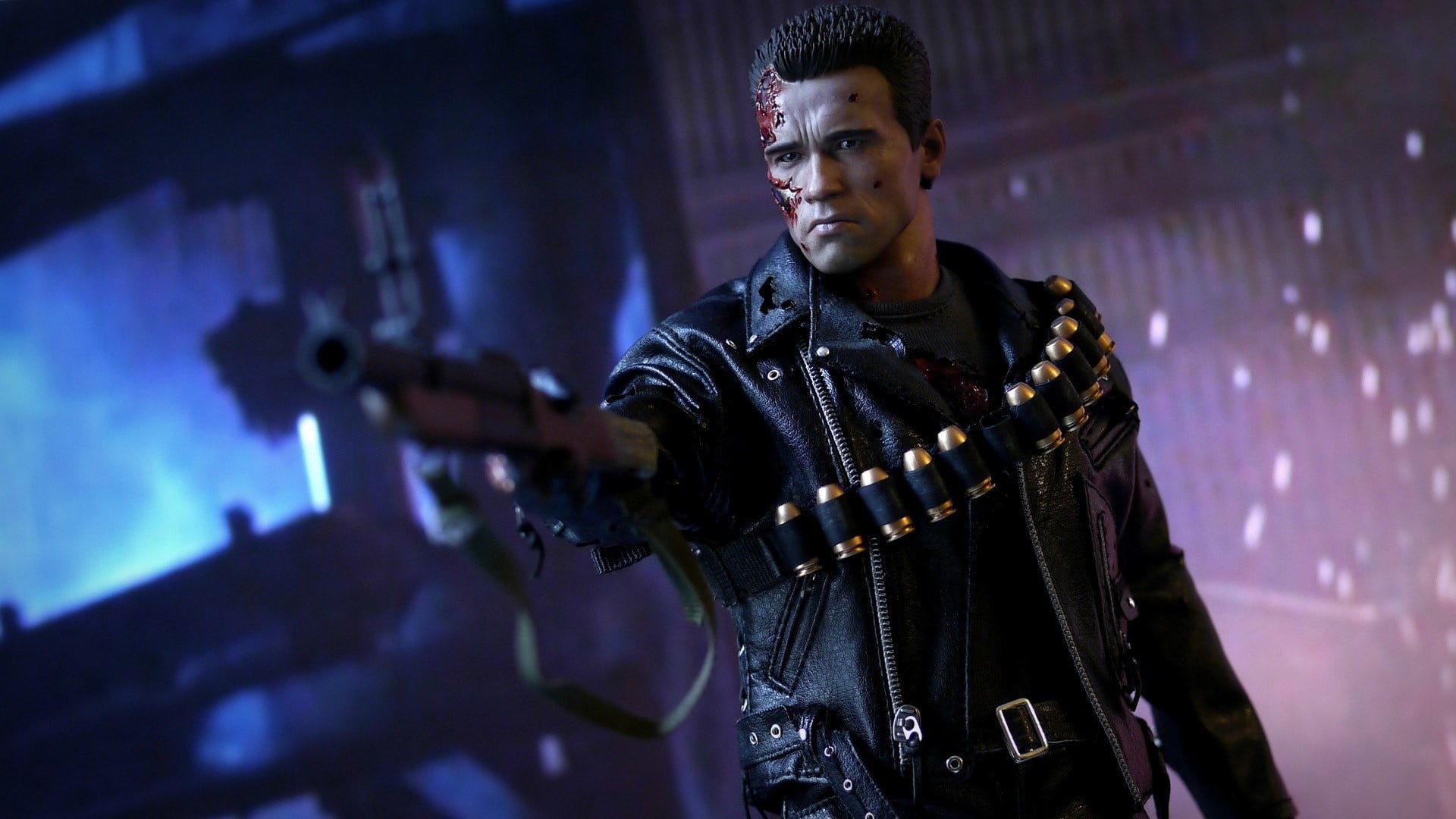 Terminator, performance, adult, wounds, arts culture and entertainment, toys, armor, 1080P, night, endoskeleton, clothing, government, weapon, music, waist up, HD Wallpaper
