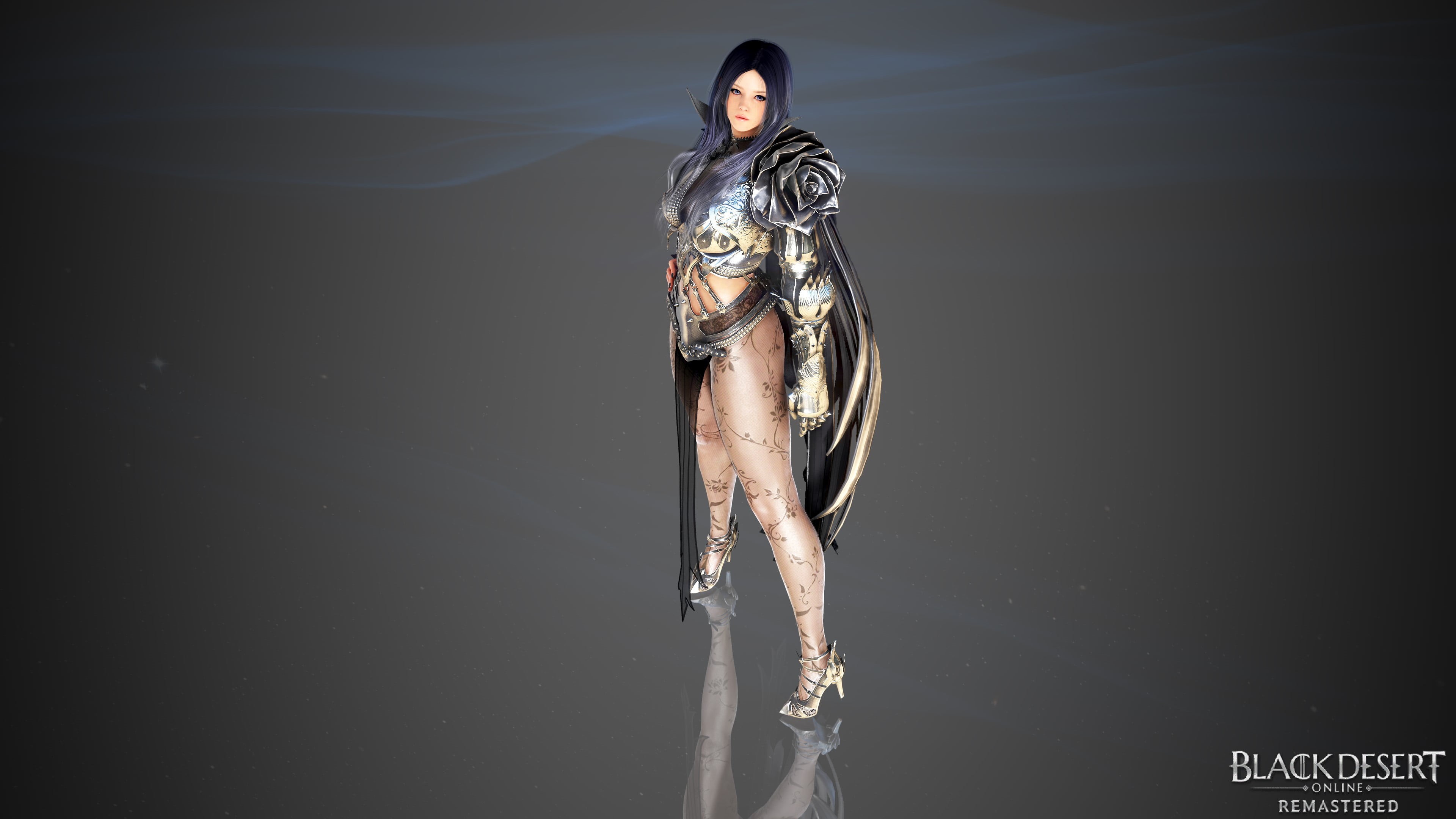 black desert online, online, high heels, shoes, knight, Mystery, white, blue, leather clothing, dark blue hair, socks, video games, mmorpg, armor, Black Desert, HD Wallpaper