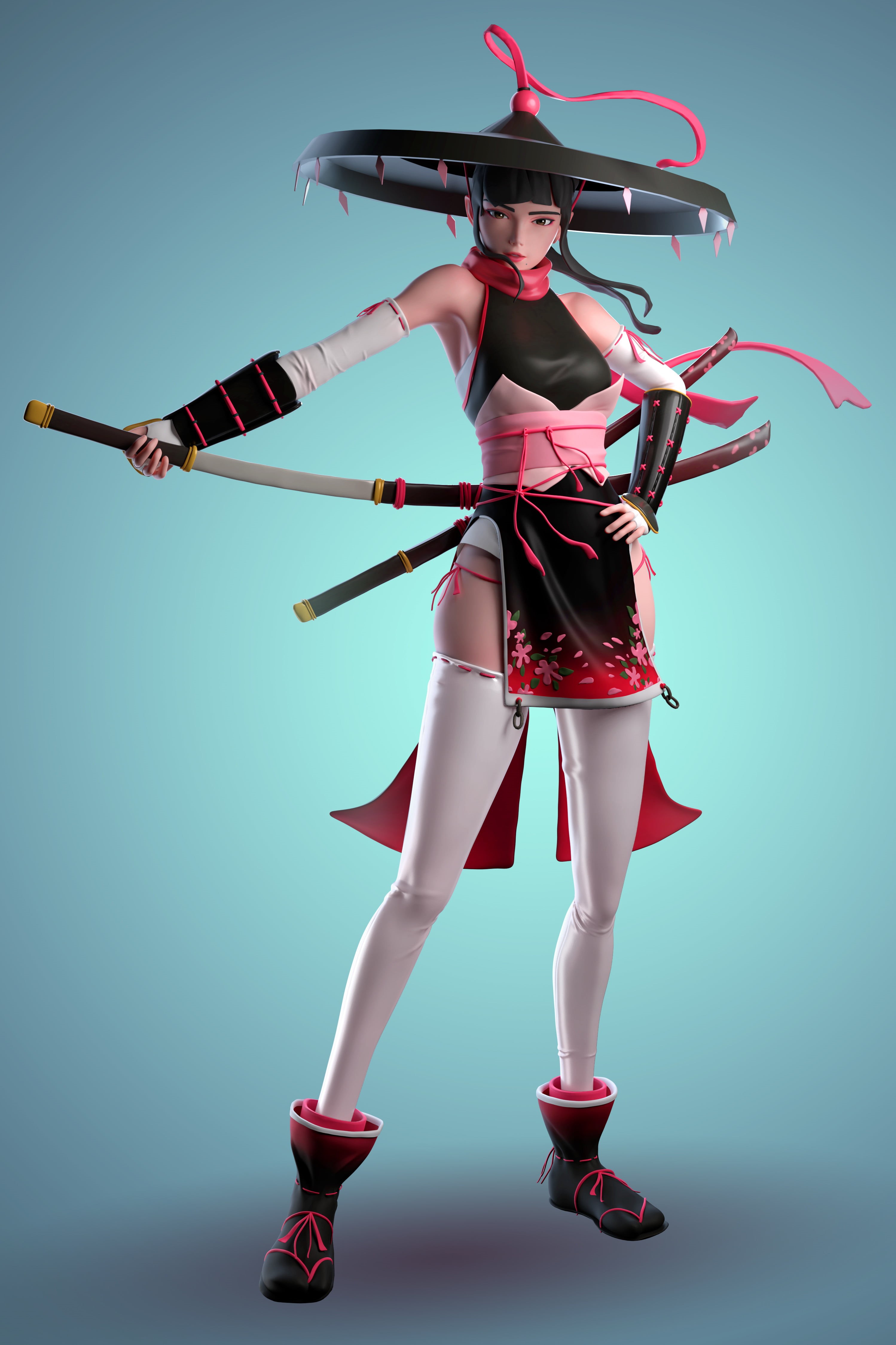 CGI, 4K, Asian, katana, looking at viewer, leather, weapon, hat, women, Cifangyi, samurai, armor, blue, Phone HD Wallpaper