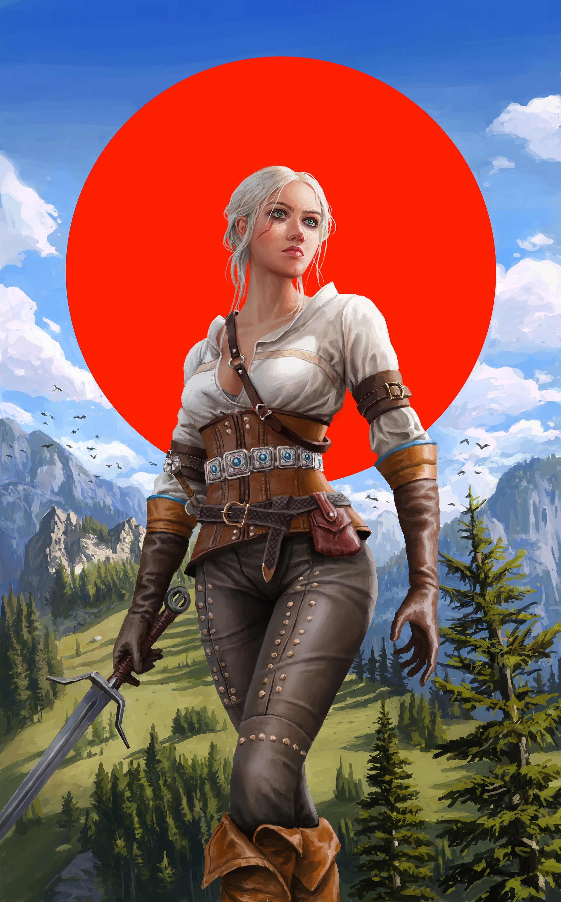Ciri (The Witcher), Scar on Eye, blond hair, looking away, 2K, Cirilla, red, white hair, blonde, digital art, portrait display, Ciri, ArtStation, portrait, Phone HD Wallpaper