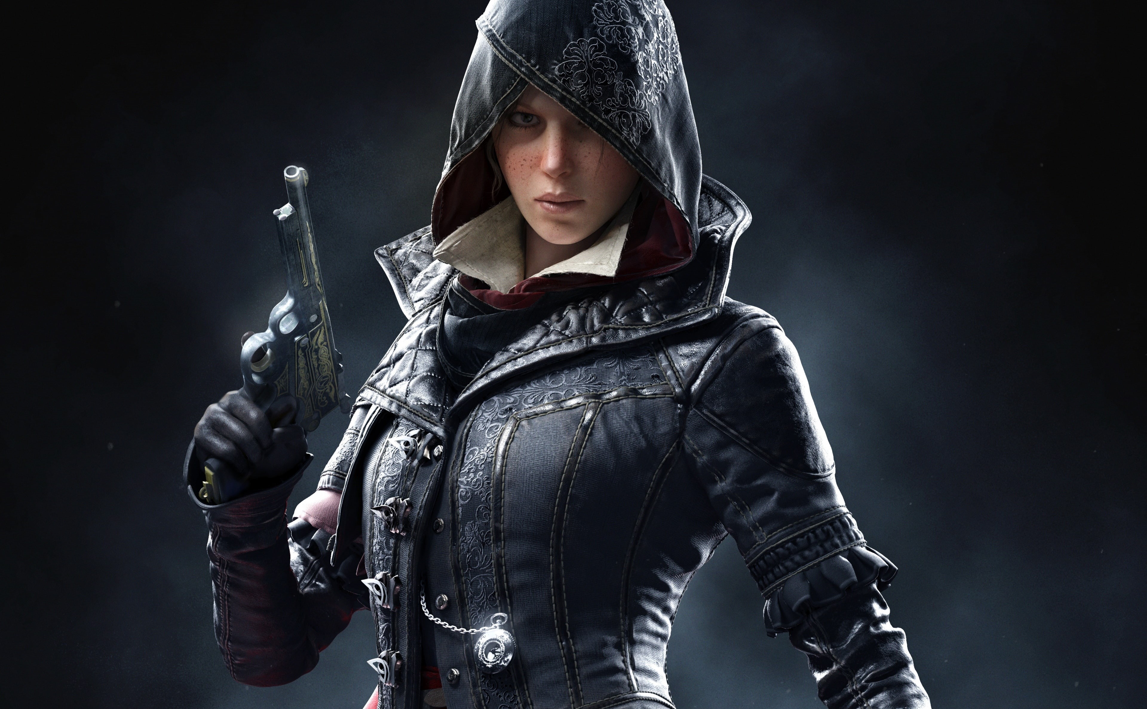 black, 4K, s, clothing, IndustrialRevolution, young women, assassins, London, creed, front view, sign, Games, AssassinsCreed, aggression, Assassins Creed, HD Wallpaper