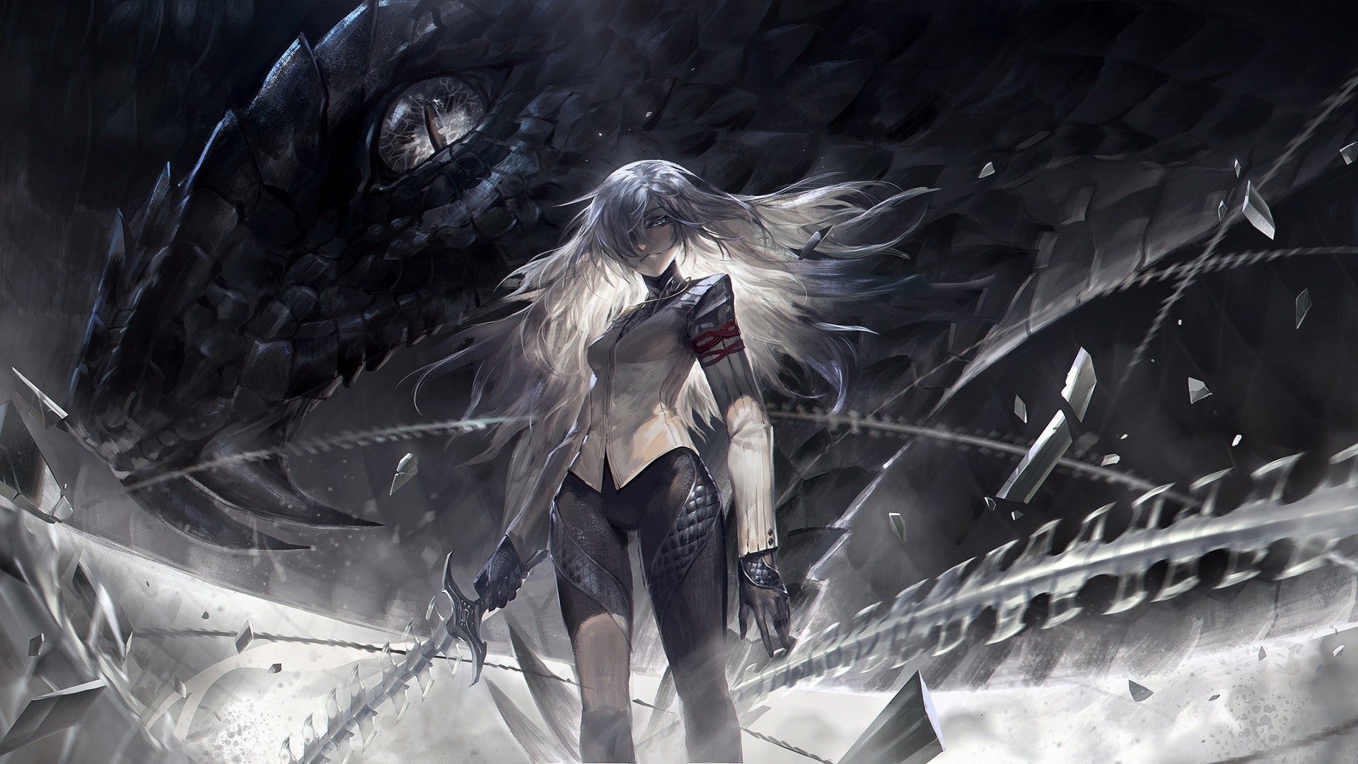 dragon, white hair, Pixiv Fantasia, women, fantasy art, 1080P, alcd, gray, sword, HD Wallpaper