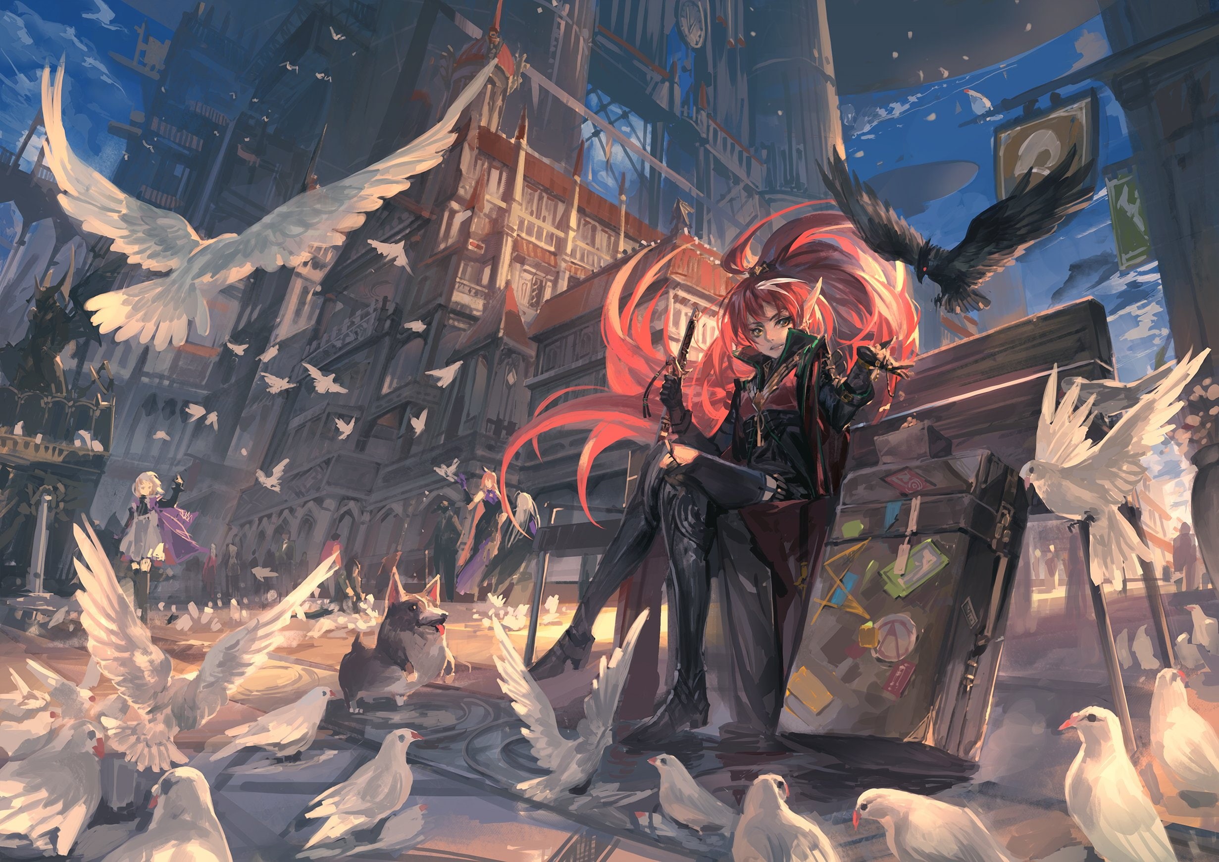 bird, weapon, water, orange, building, pixiv, hair, alcd, sky, red, sword, ponytail, fantasia, eyes, 1080P, long, dog, animal, HD Wallpaper