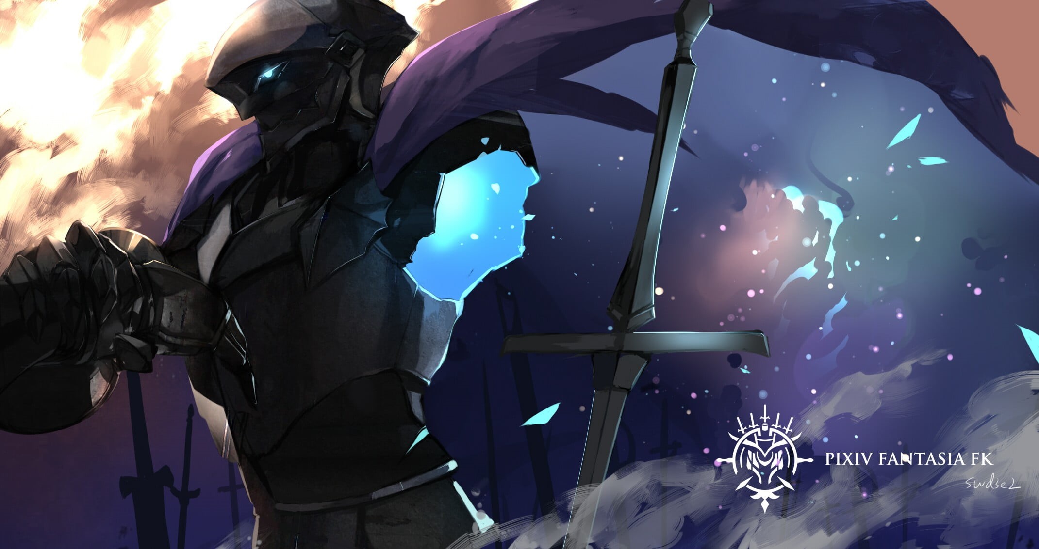 Pixiv Fantasia, armor, sword, black, blue, knight, swd3e2, chair, camping, 1080P, HD Wallpaper