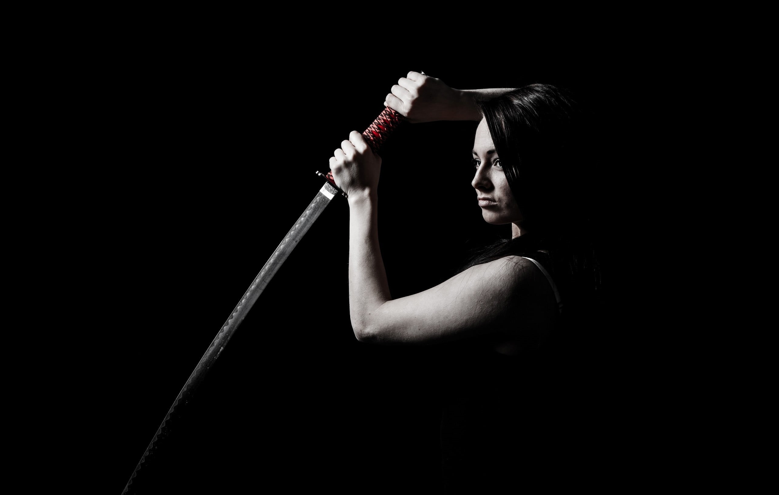 one person, profile view, samurai, waist up, katana, black background, sword, woman, women, young adult, real people, beautiful woman, portrait, arts culture and entertainment, HD Wallpaper