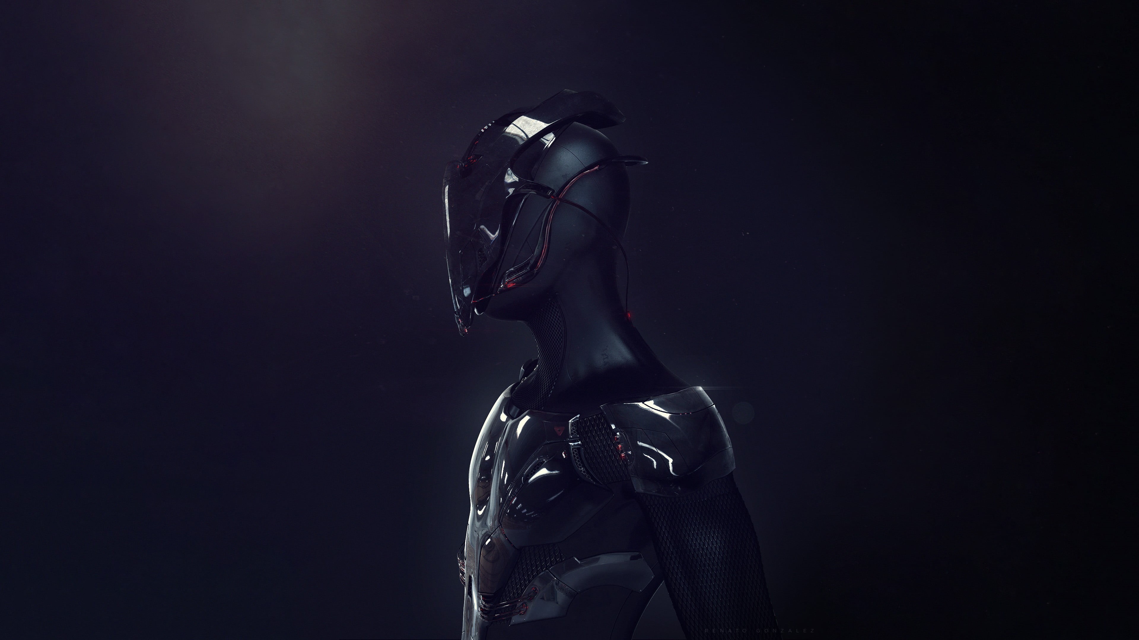 plastic, futuristic, digital art, character, robot, no People, mask, indoors, single object, cyborg, copy space, black background, sport, still life, video games, HD Wallpaper