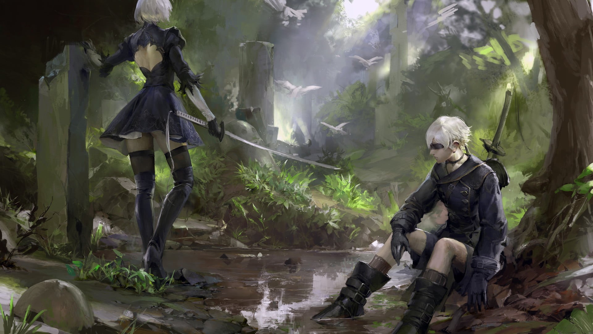 1080P, forest, artwork, Nier: Automata, 2B (Nier: Automata), women, digital art, video games, fantasy art, katana, HD Wallpaper