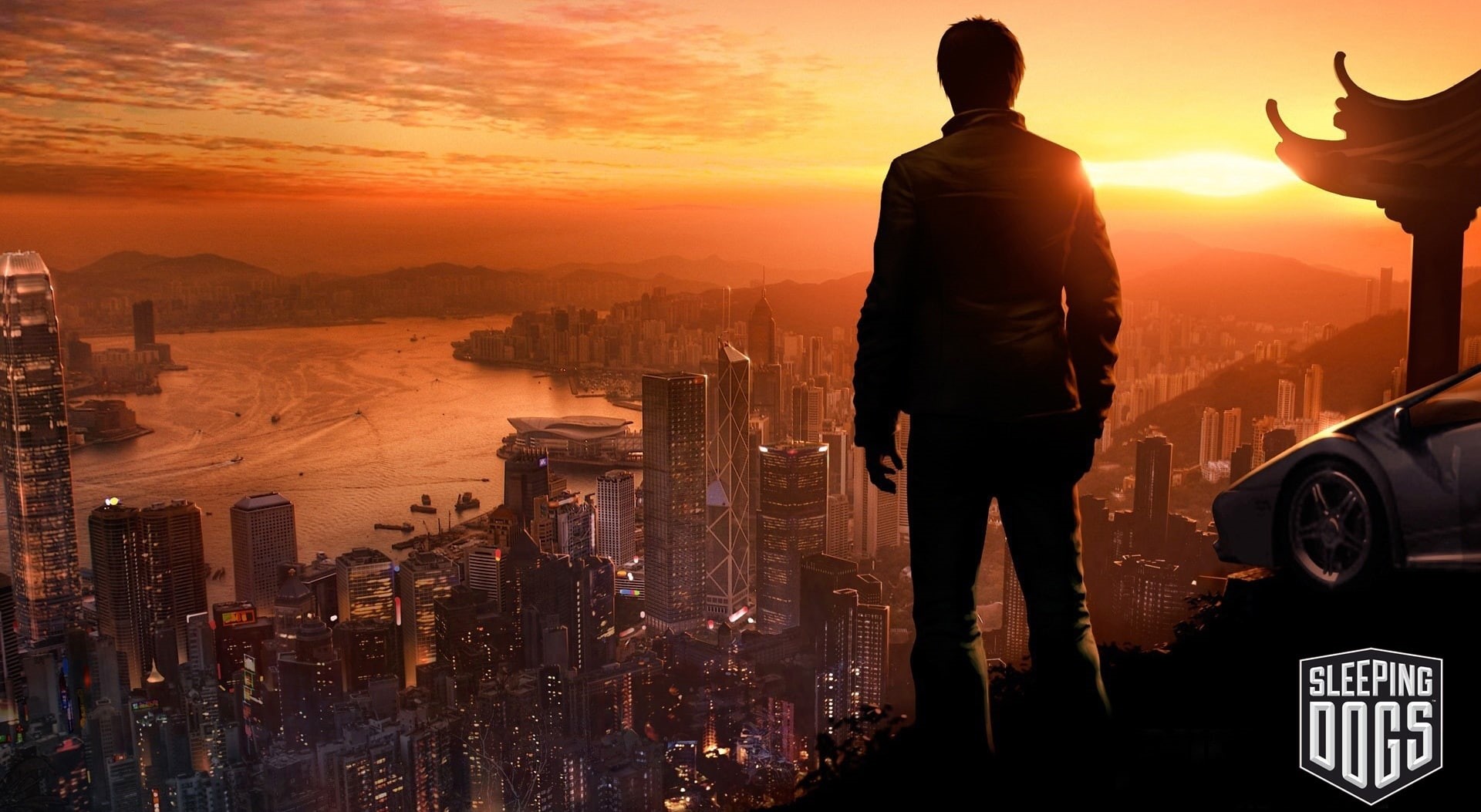 real people, Games, full length, orange color, 2012, 1080P, sky, rear view, game, silhouette, dogs, Sleeping Dogs, China, office building exterior, HD Wallpaper