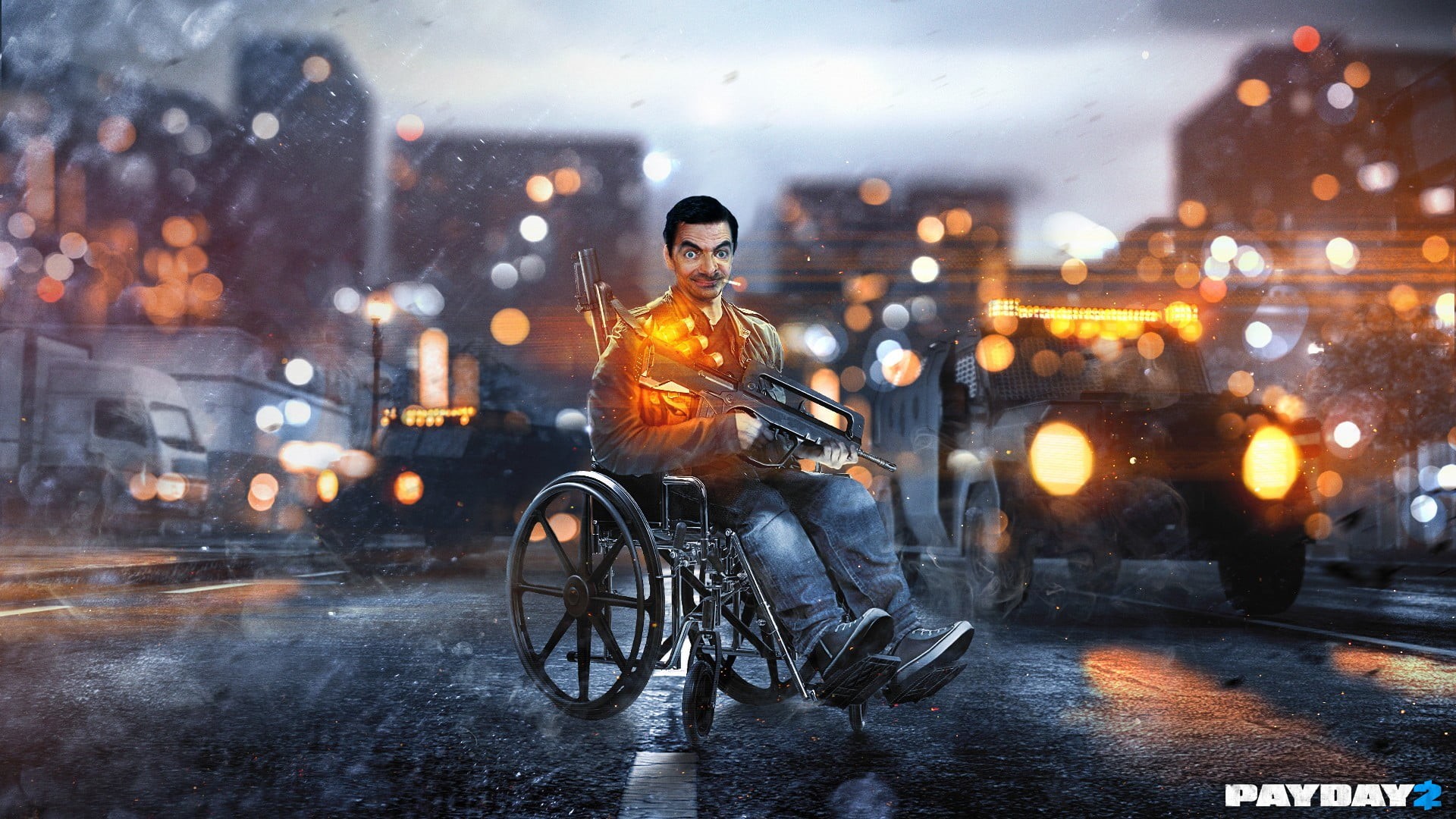 Mr. Bean, rain, illuminated, adult, outdoors, night, bicycle, snowing, wet, deathwish, city, full length, city life, payday, city street, architecture, HD Wallpaper