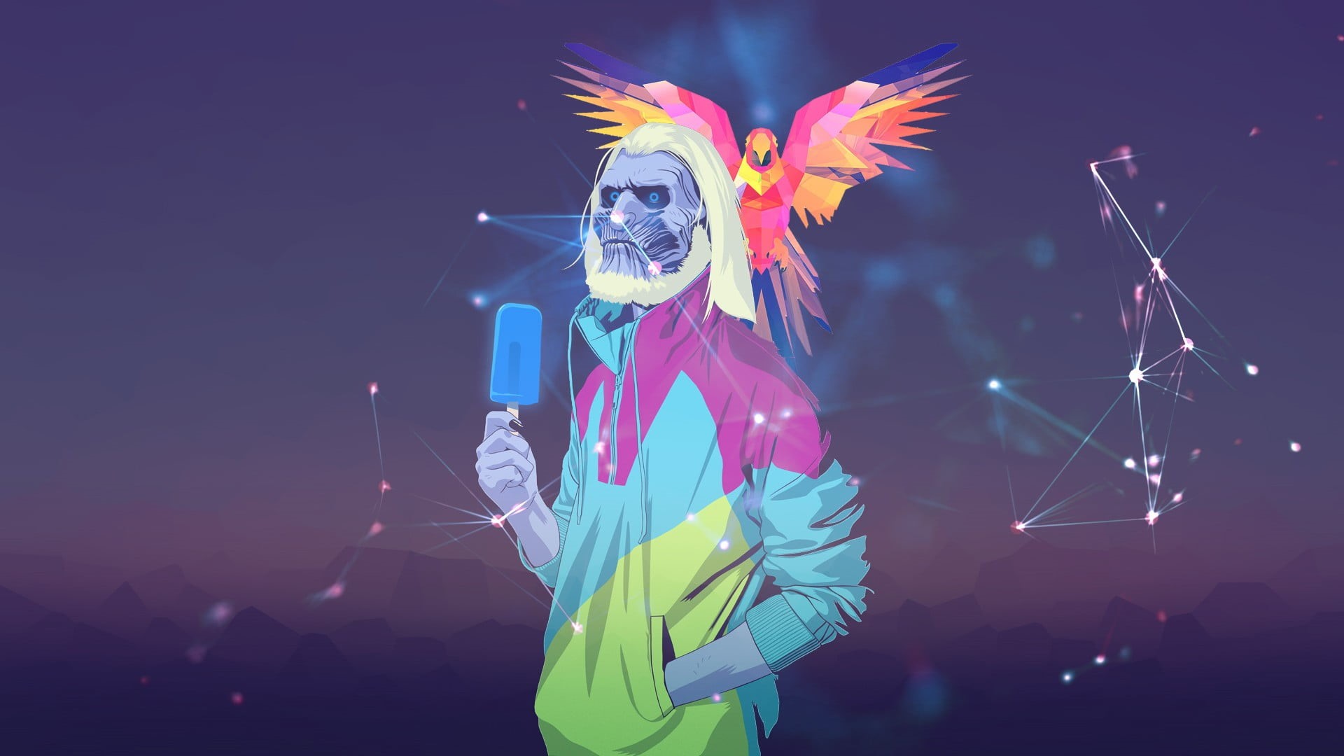 portrait, adult, The Others, illustration, one Person, party - Social Event, males, fun, blue, parrot, popsicle, vector, jacket, 1080P, smiling, holding, HD Wallpaper