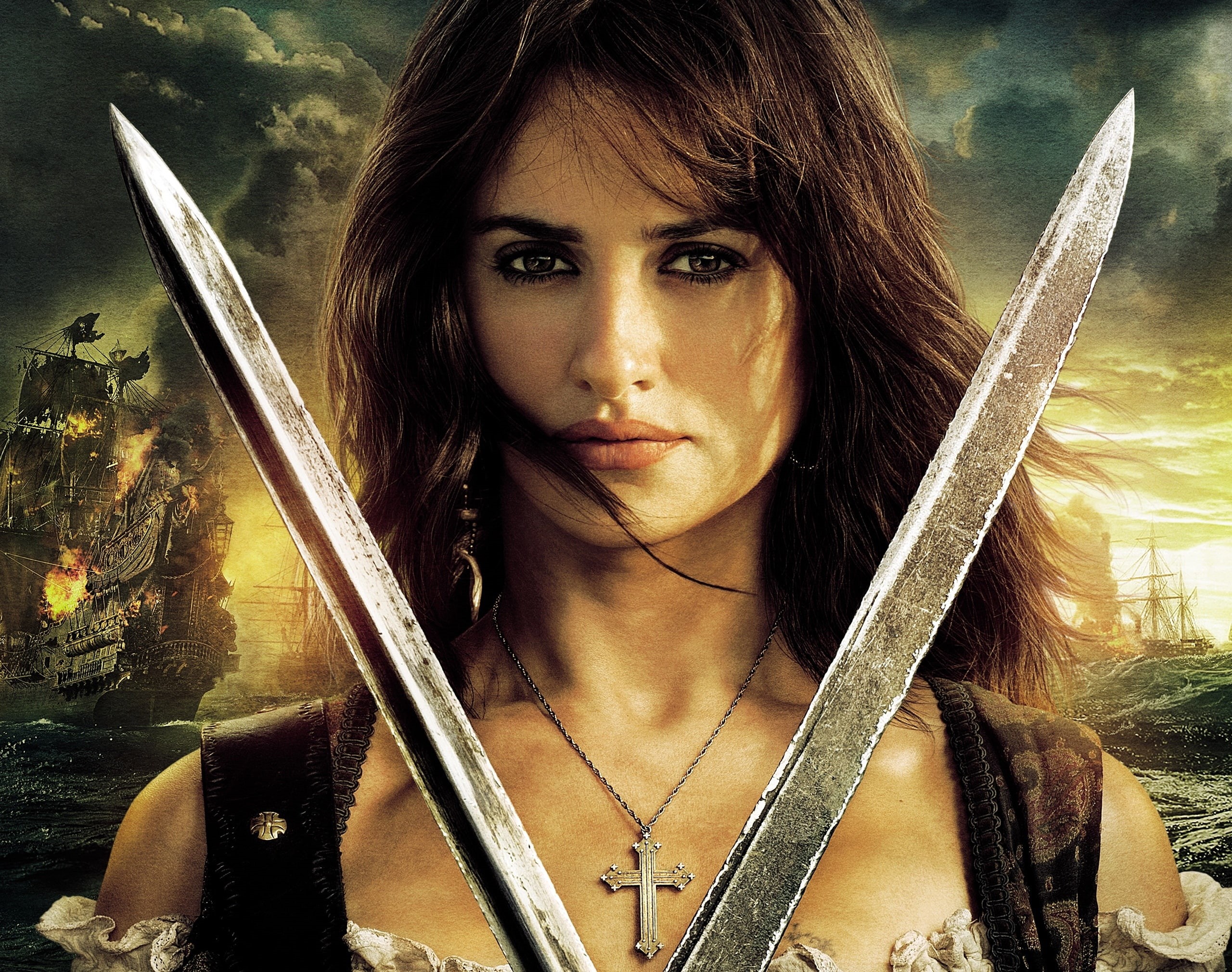 angelica, women, young women, penelope cruz, holding, front view, tides, Movies, pirates, beauty, on stranger tides, long hair, caribbean, top, weapon, HD Wallpaper