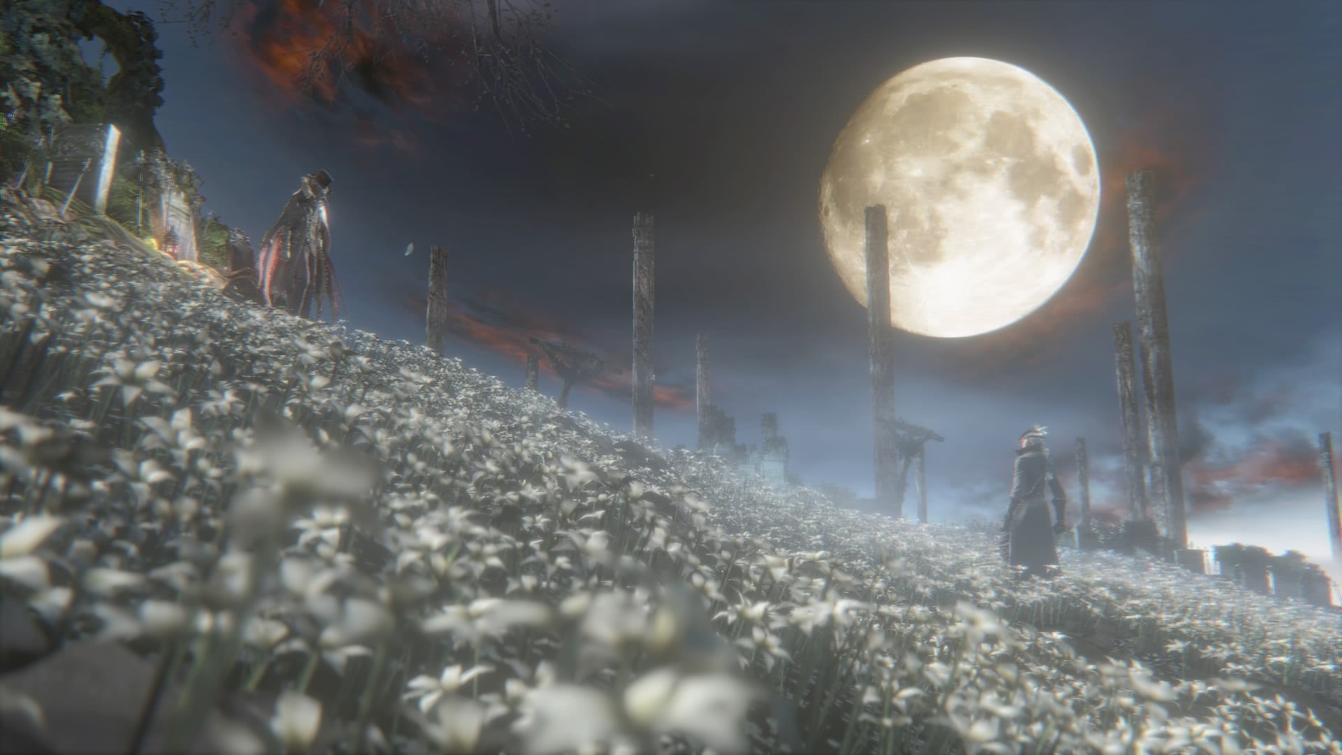 adult, space, togetherness, video games, outdoors, selective focus, full moon, sky, astronomy, plant, real people, Bloodborne, mountain, tranquility, night, HD Wallpaper
