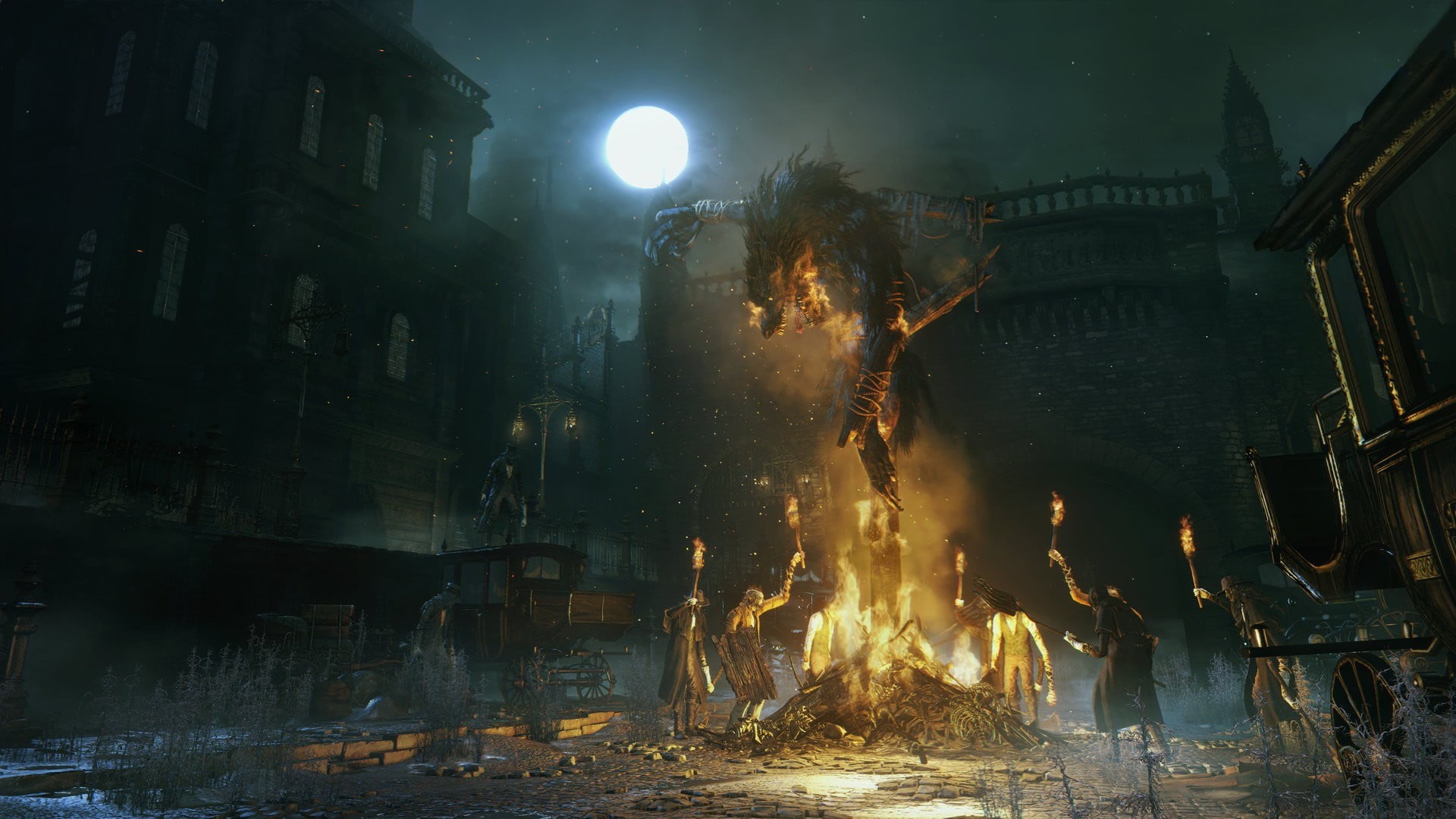 building, dragon, motion, night, Bloodborne, street, fire, illustration, glowing, architecture, nature, tree, built structure, fire - natural phenomenon, HD Wallpaper
