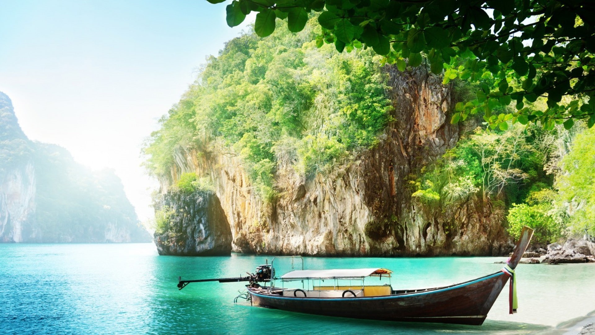 turquoise colored, rock formation, vacation, rocks, tree, ship, beauty in nature, trees, transportation, plant, waterfront, sunlight, day, beach, 1080P, HD Wallpaper