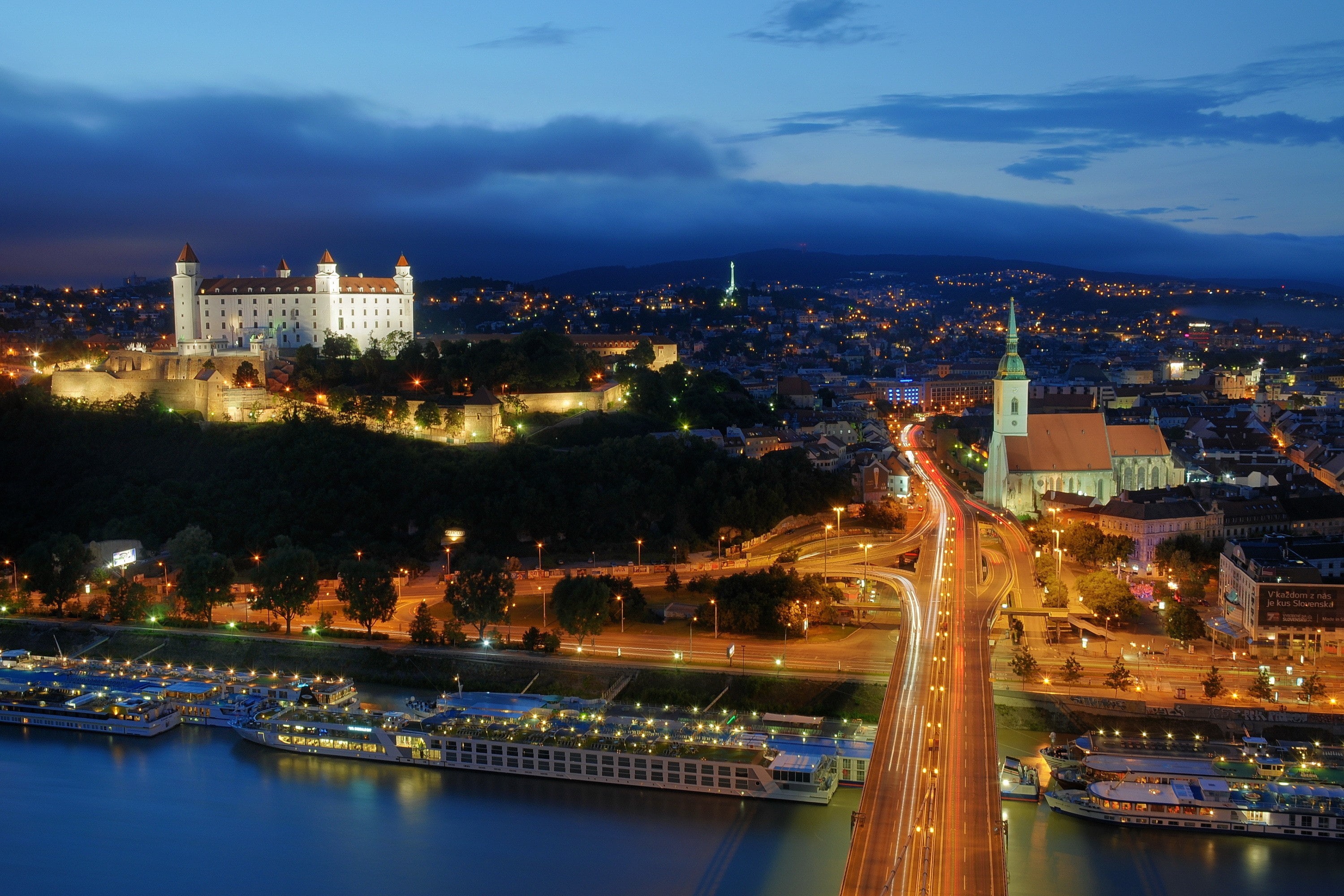 birds eye view, tower, cityscape, river, street, long exposure, clouds, night, water, Bratislava, architecture, hills, castle, ship, 2K, lights, church, HD Wallpaper