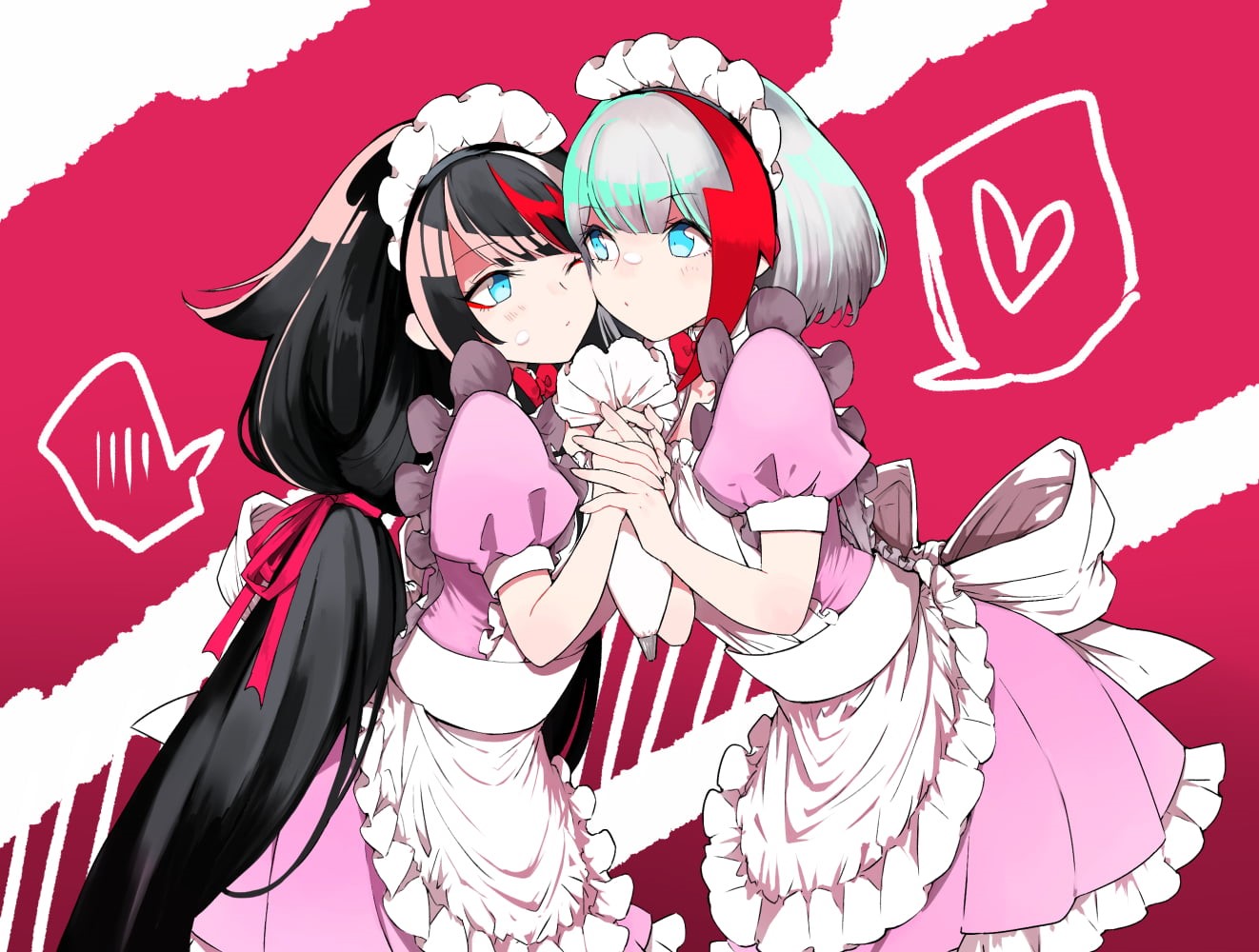 720P, short hair, Azur Lane, Admiral Graf Spee (Azur Lane), wink, headdress, Deutschland (Azur Lane), black hair, shoujo ai, apron, maid, anthropomorphism, HD Wallpaper
