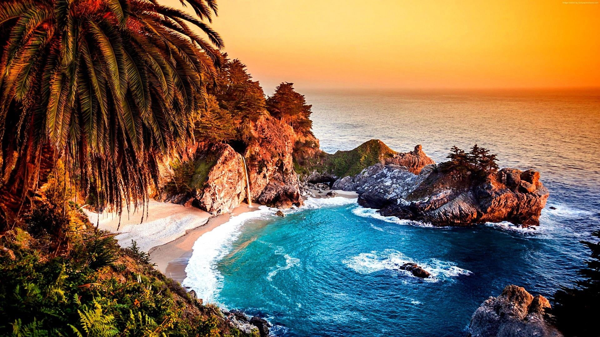 beauty in nature, tranquility, shore, palm, coast, big sur, horizon over water, nature, scenics - nature, california, pacific ocean, water, rock formation, HD Wallpaper