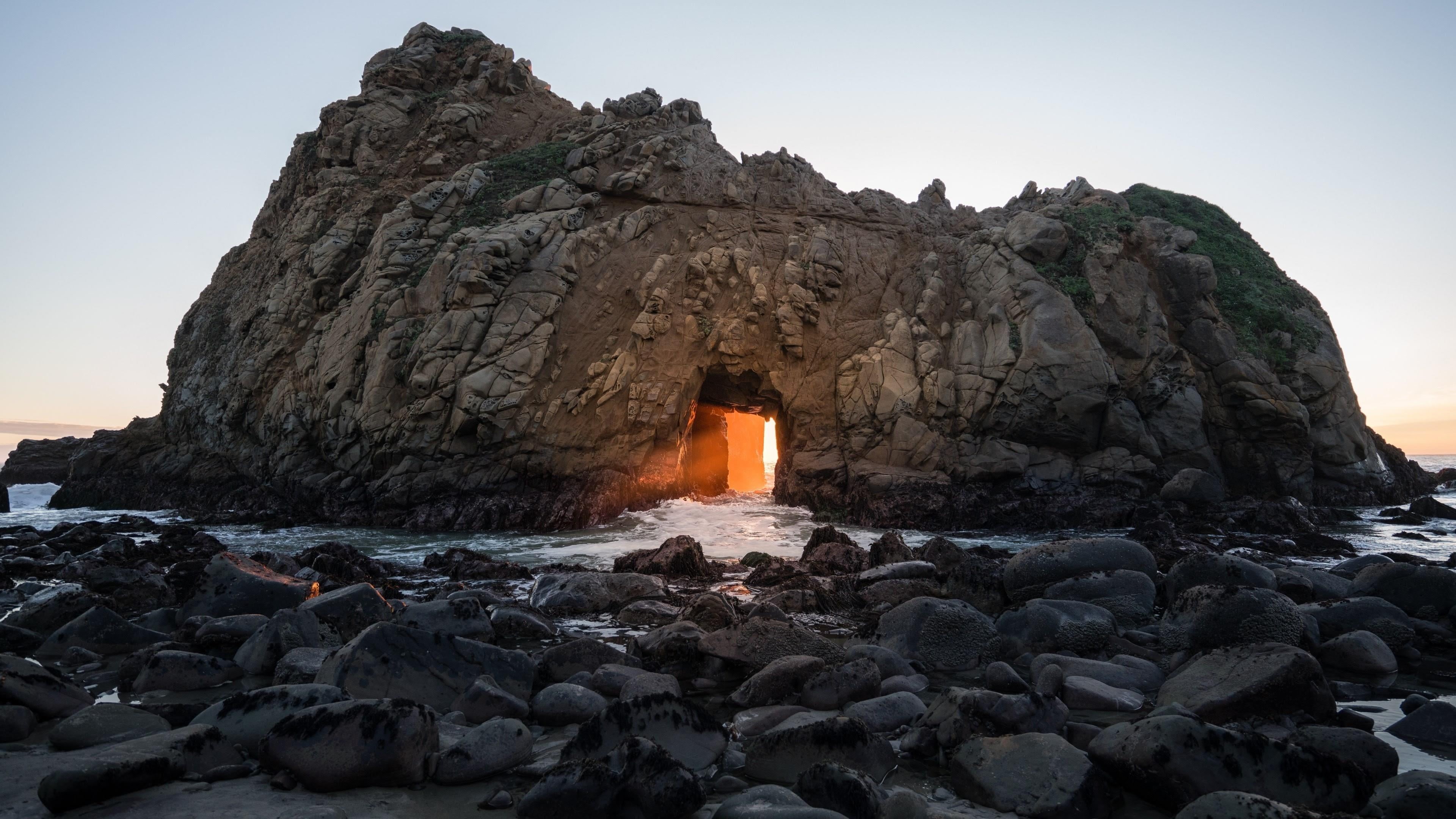 ancient, sun, physical geography, california, 4K, rock, architecture, highway 1, waves, sky, golden door, united states, sunset, rock formation, clear sky, HD Wallpaper