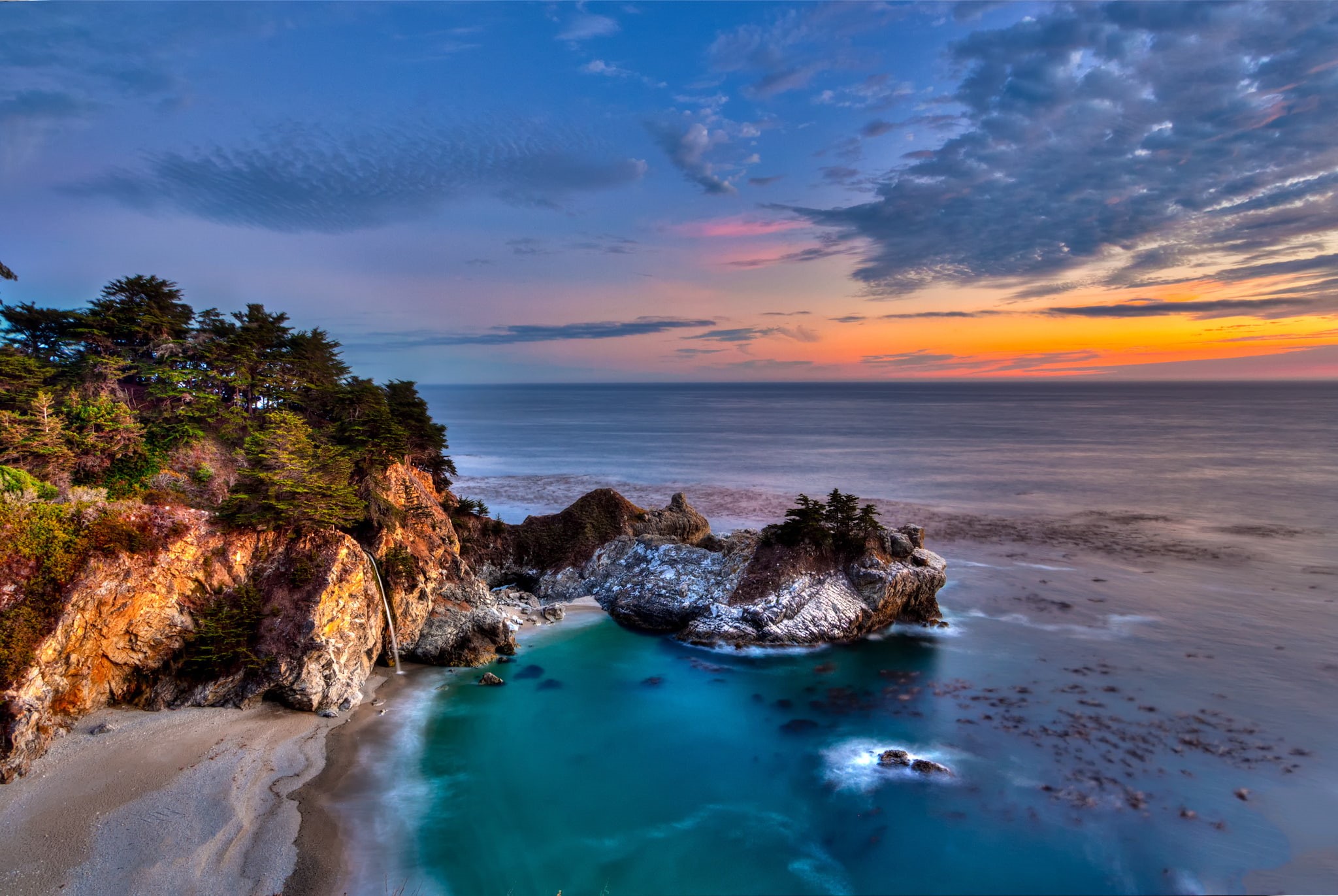 ocean, outdoors, hour, cloud - sky, trees, beauty in nature, land, water, sea, sky, aerial, Big Sur, Pacific Ocean, rock - object, McWay Falls, photography, HD Wallpaper