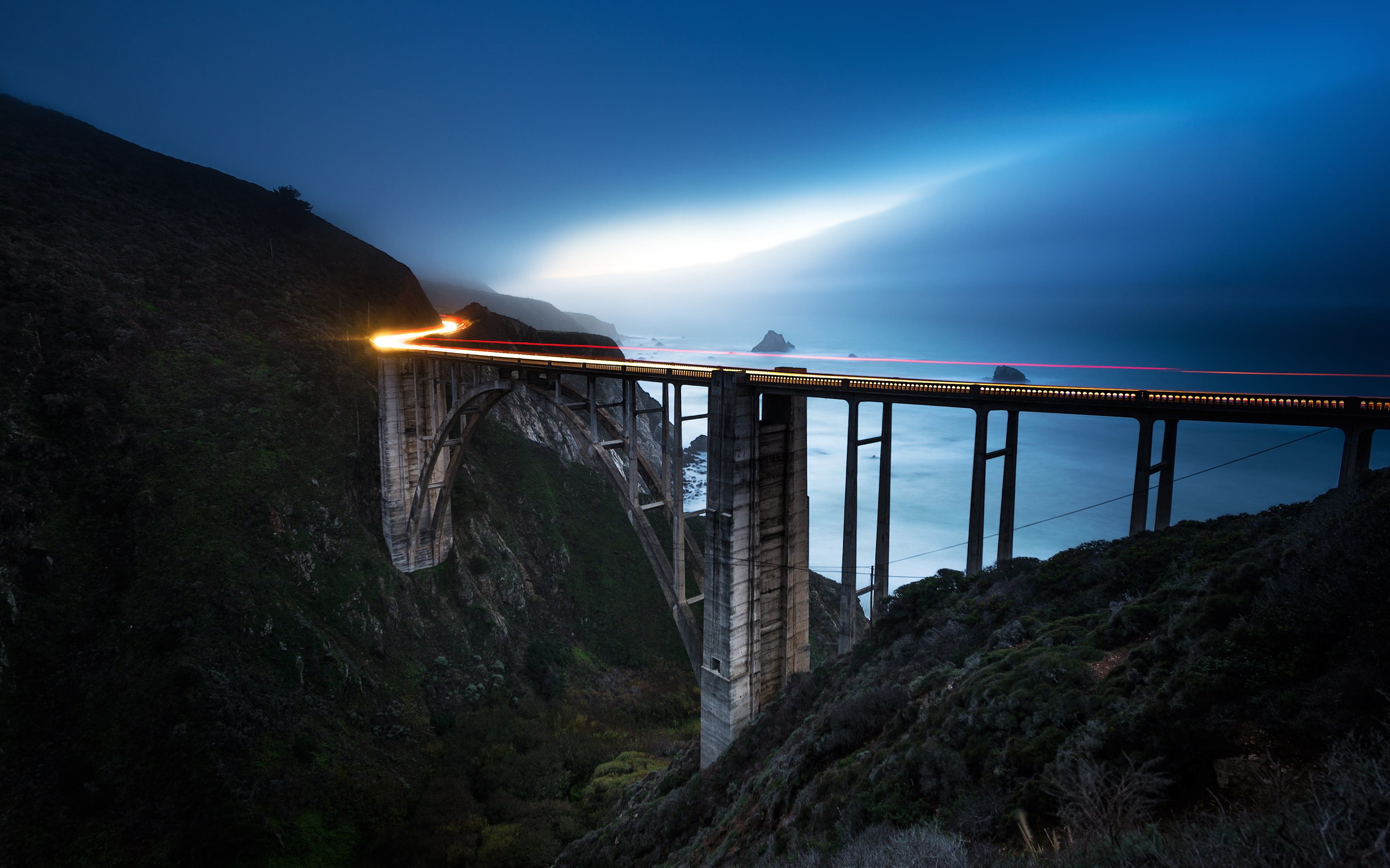 California, Blue hour, 4K, Big Sur, Ocean view, 4K, Bixby Bridge, HD Wallpaper